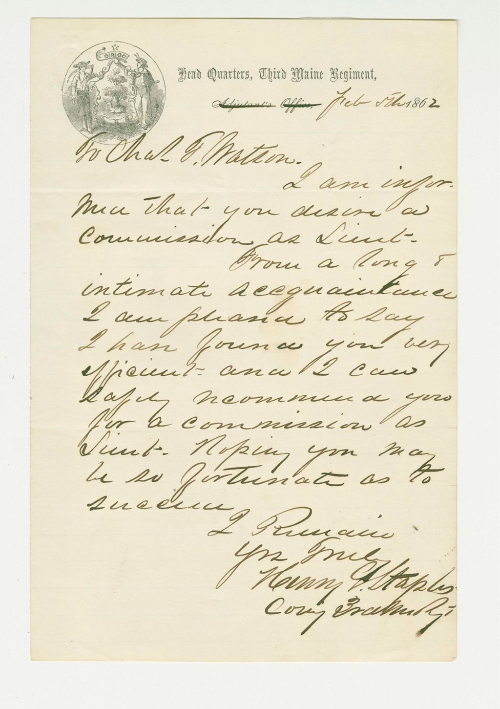 Miniature of Colonel Staples writes Charles Watson to recommend him for a commission