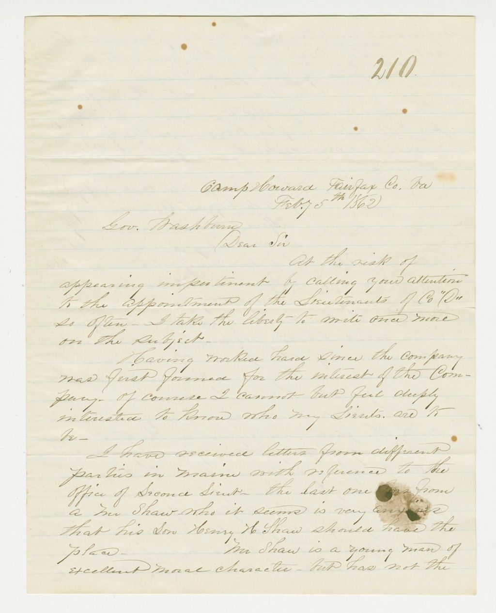 Miniature of Captain Watson writes Governor Washburn about Company D appointments