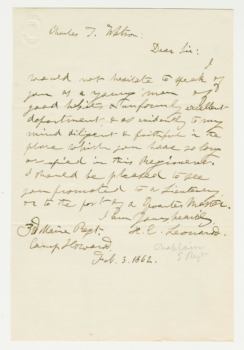 Miniature of Chaplain H. Leonard recommends Charles Watson for promotion