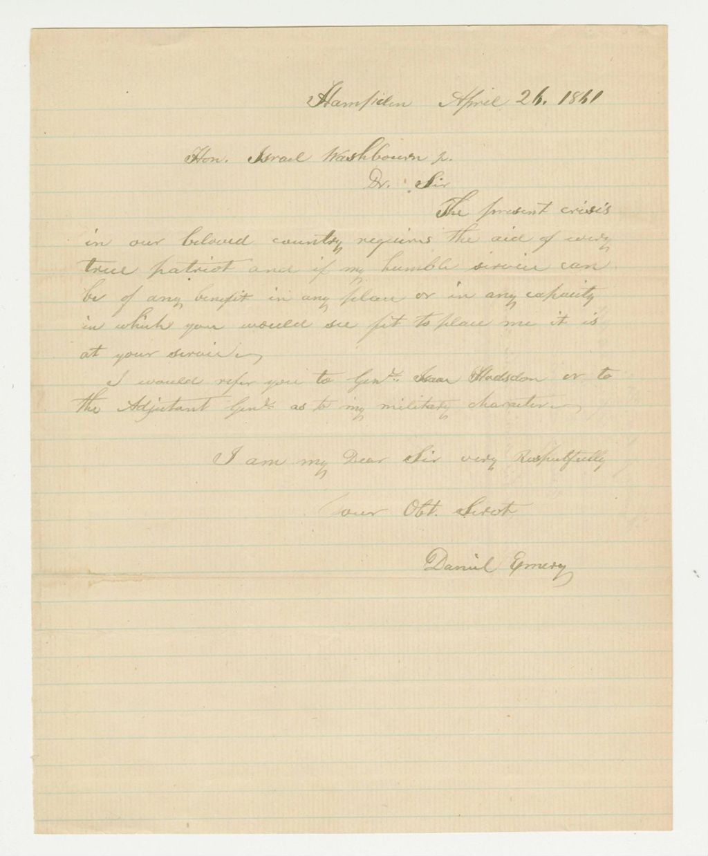 Miniature of 1861-04-26  Daniel Emery offers his service