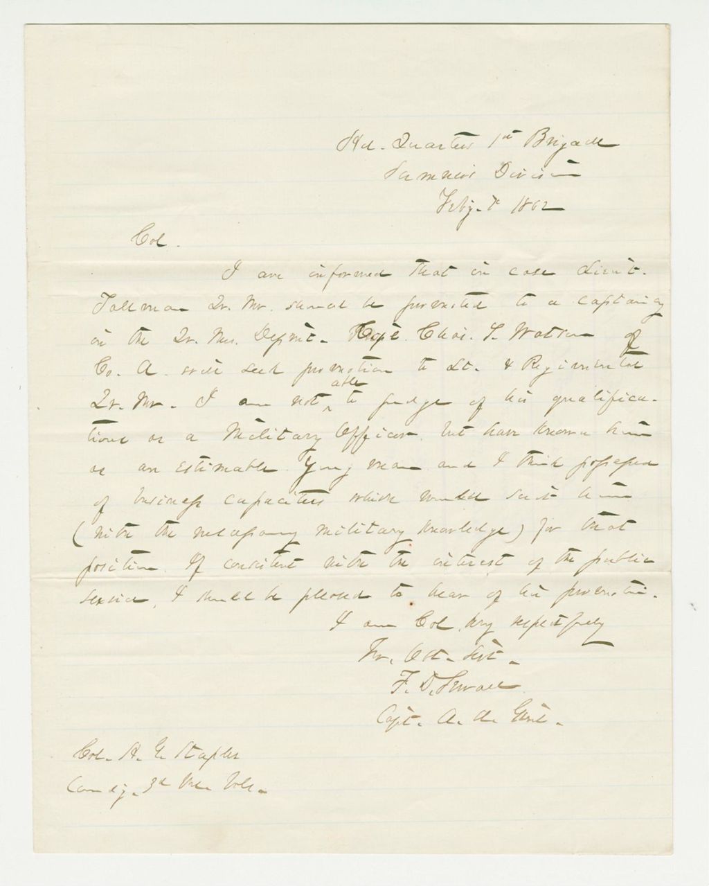 Miniature of Captain Sewall writes Colonel Staples recommends Corporal Watson for promotion