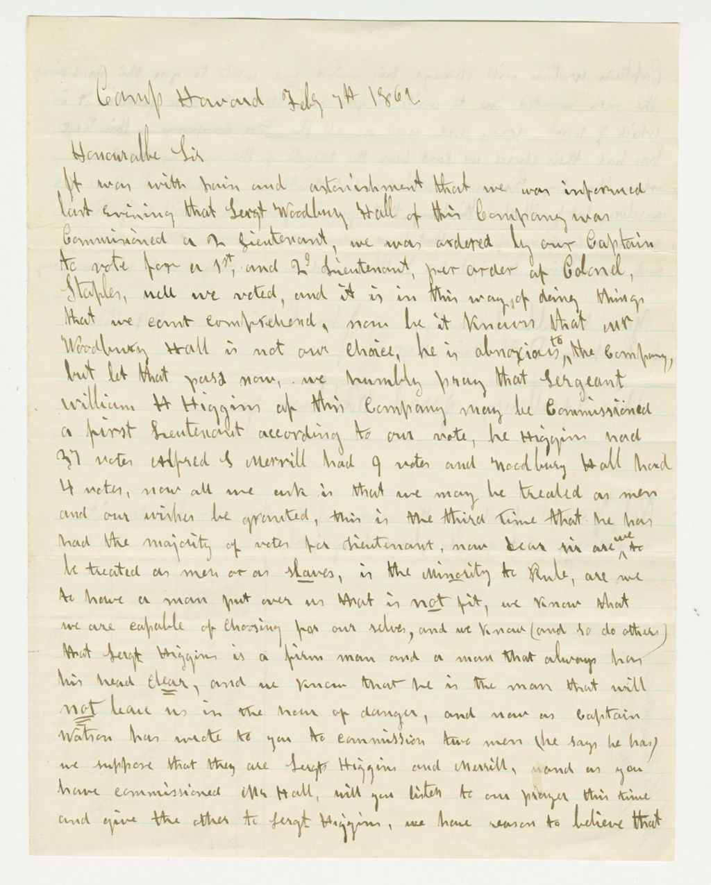 Miniature of John Lakin writes Governor Washburn to recommend Sergeant Higgins for promotion