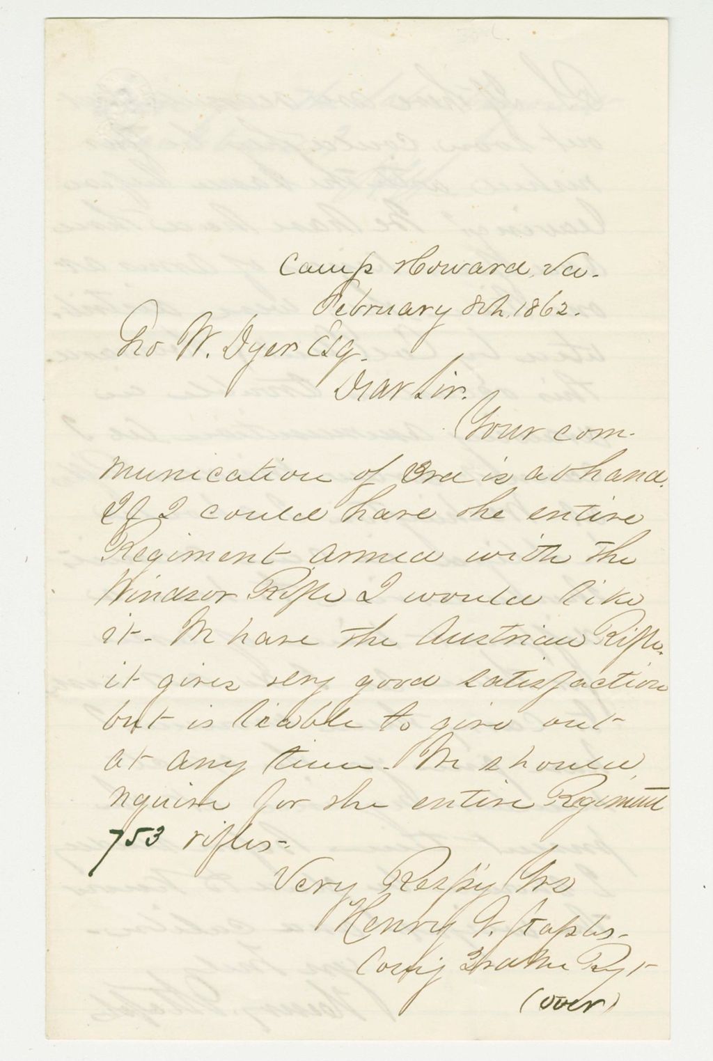 Miniature of Colonel Staples wishes to have the Windsor rifles instead of the Austrian rifles