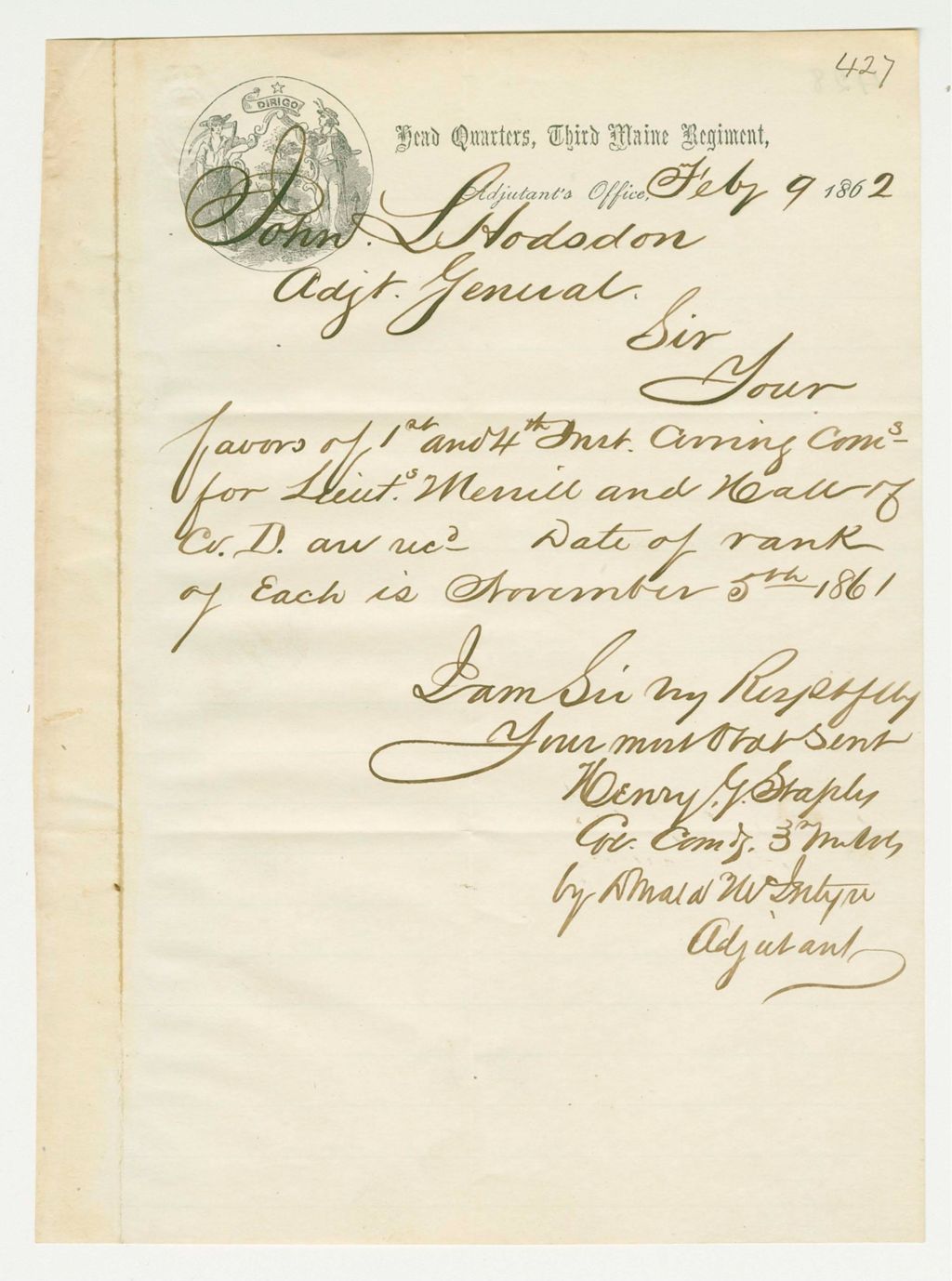 Miniature of Colonel Staples writes Adjutant General Hodsdon regarding commissions for Merrill and Hall of Company D
