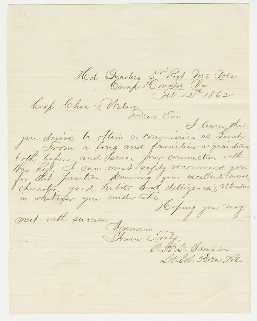 Miniature of Charles Sampson recommends Charles Watson for promotion
