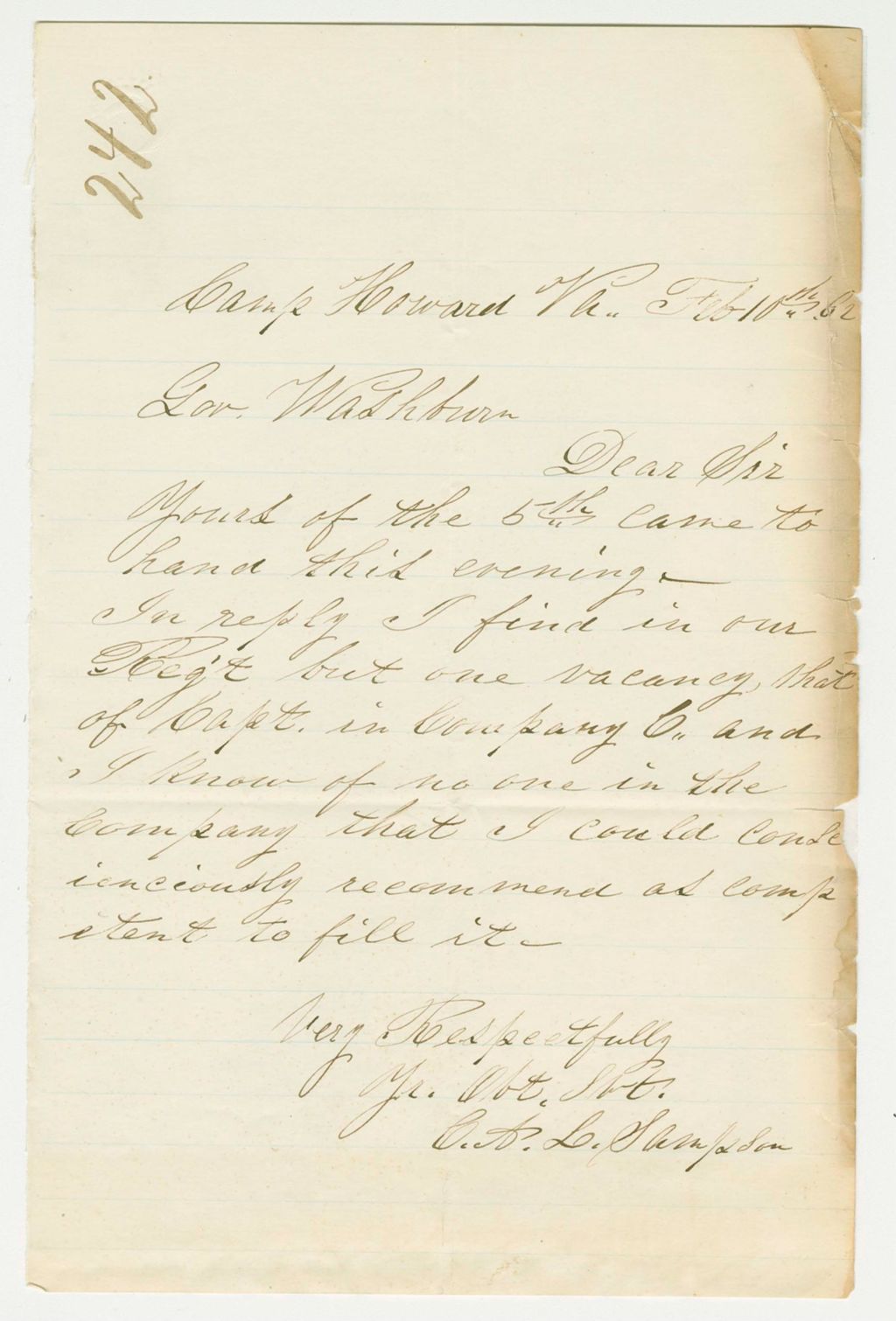 Miniature of Charles Sampson cannot recommend any to fill the captain's vacancy in Company C