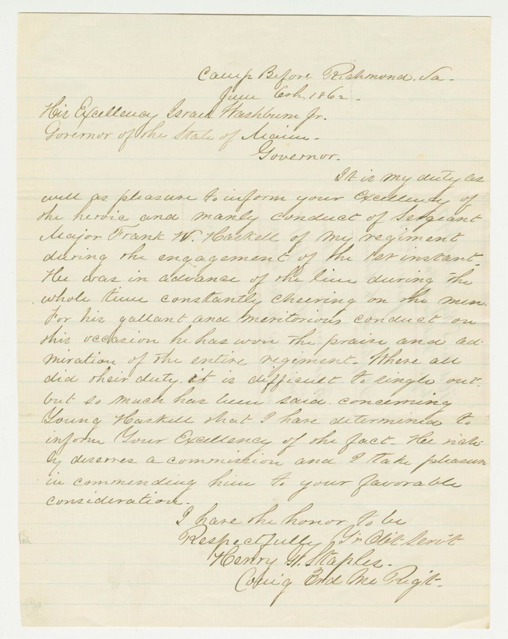 Miniature of Colonel Staples informs Governor Washburn of Sergeant Haskell's bravery and requests his promotion