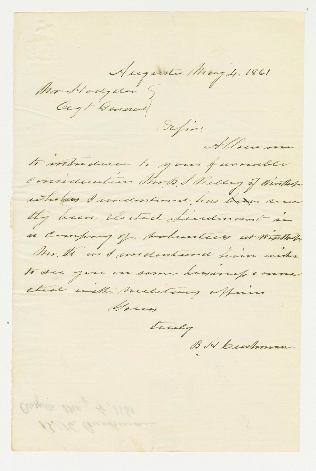 Miniature of B.H. Cushman recommends B.S. [Kelley?] for a position