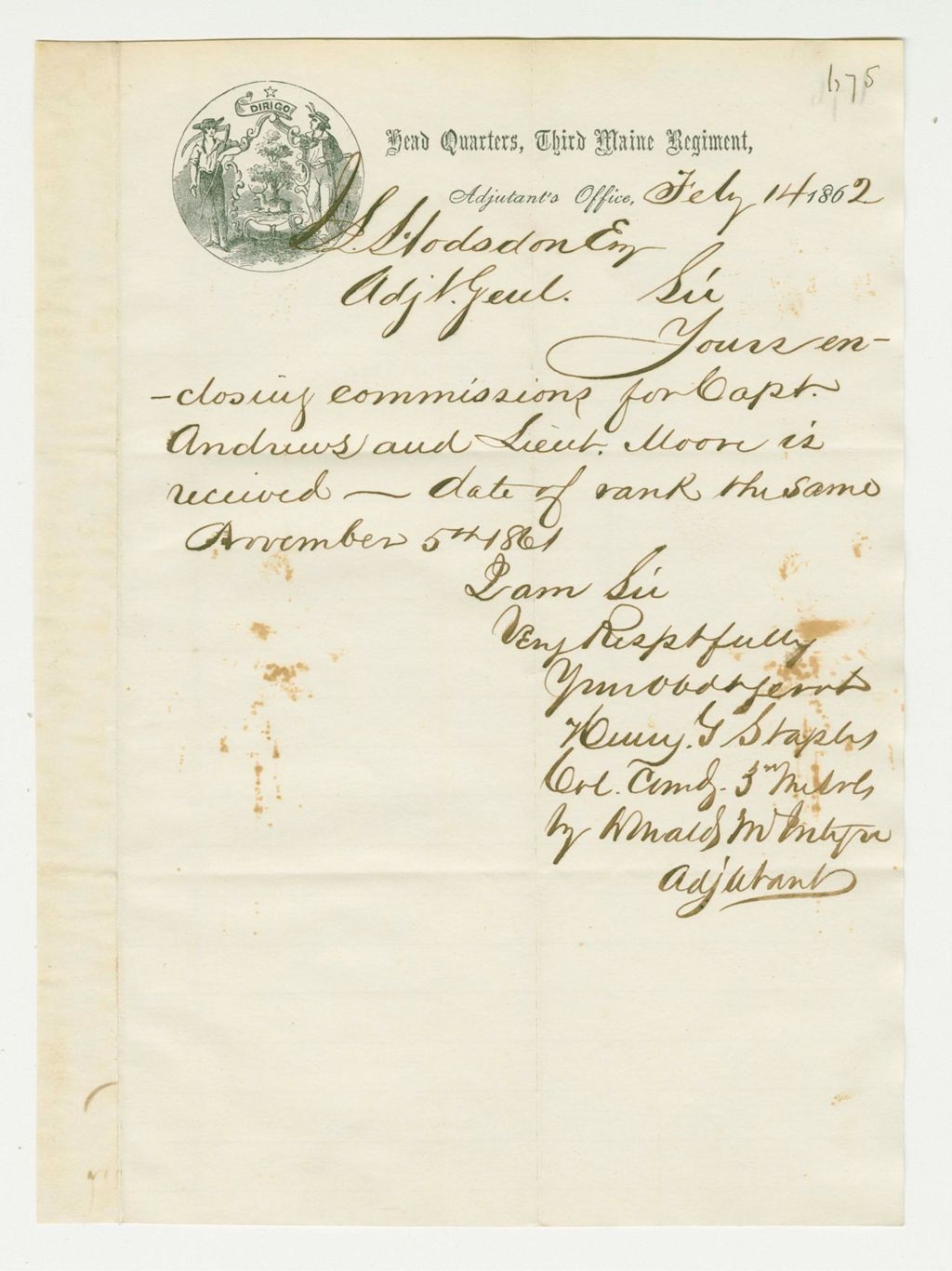 Miniature of Colonel Staples acknowledges receipt of commissions for Captain Andrews and Lieutenant Moore