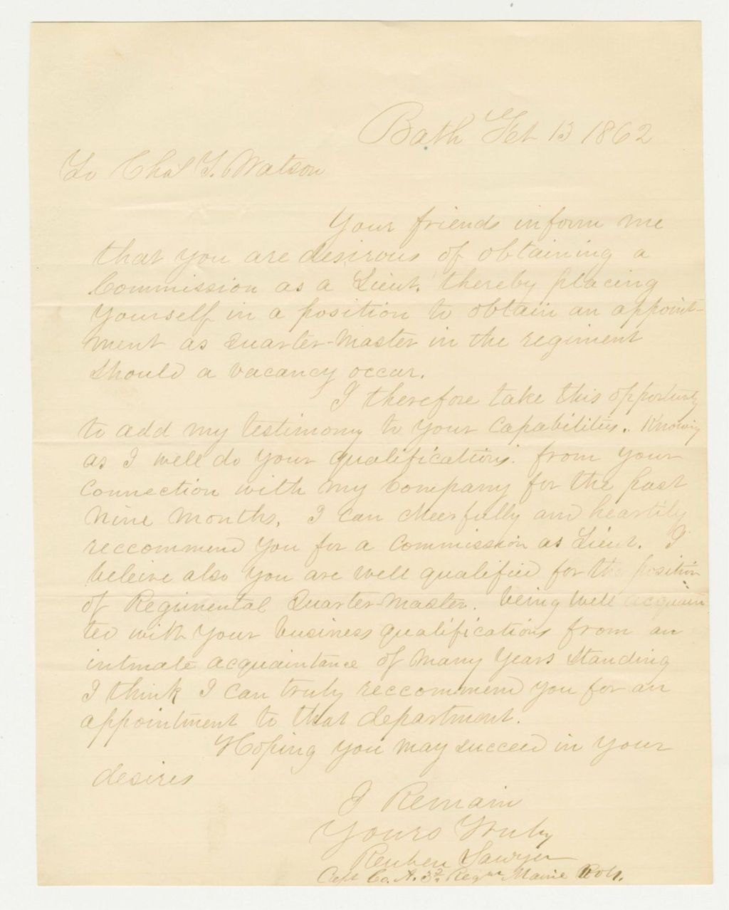 Miniature of Reuben Sawyer recommends Charles Watson for commission