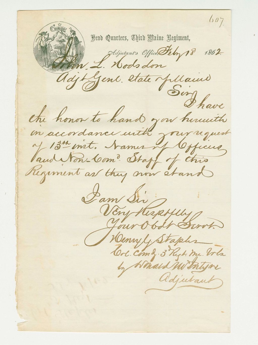 Miniature of Colonel Staples writes General Hodsdon regarding officers and non-commissioned staff