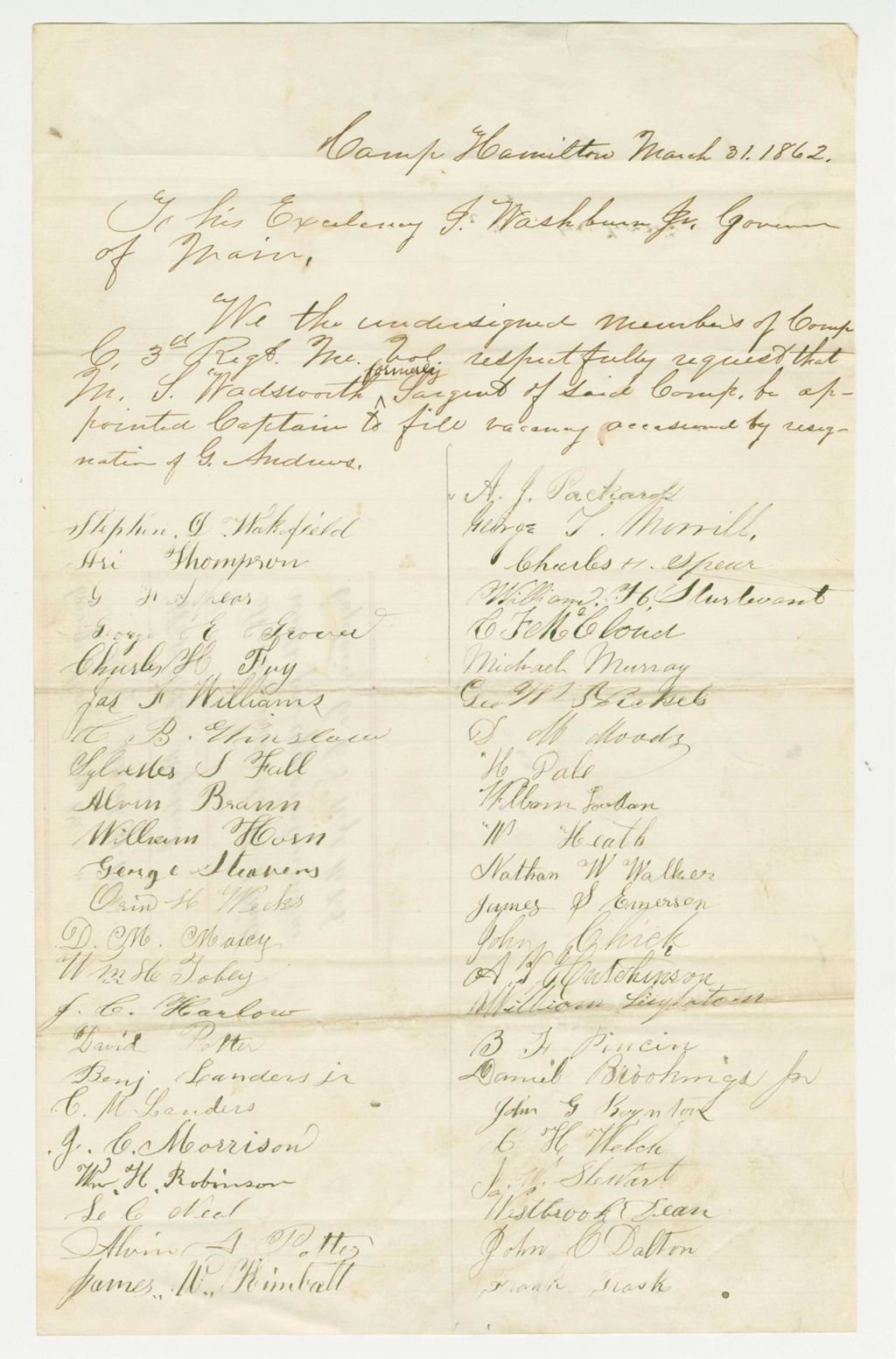 Miniature of Members of Company C request Sergeant Wadsworth be appointed Captain