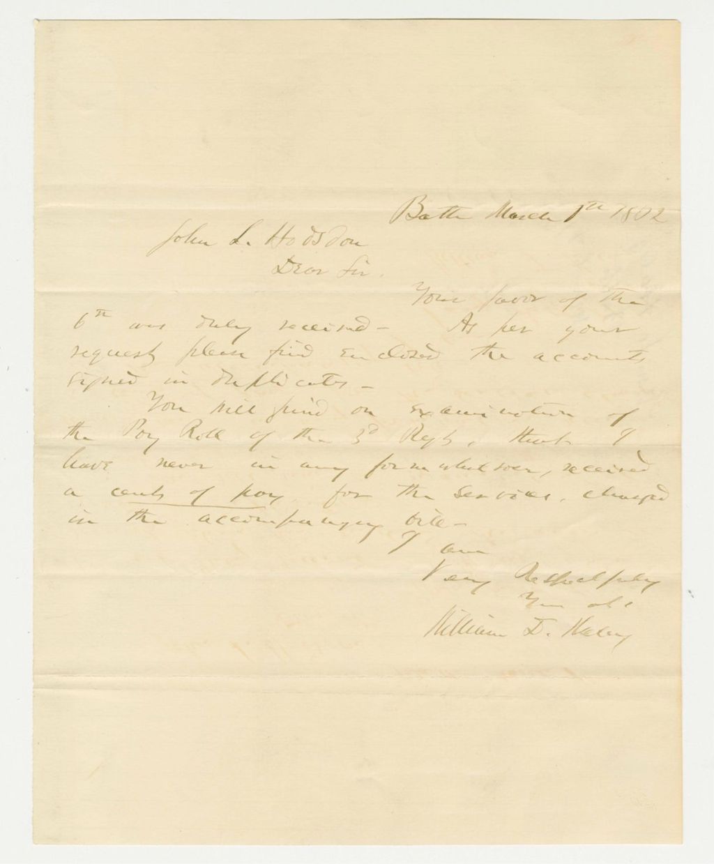 Miniature of William Haley writes General Hodsdon regarding reports