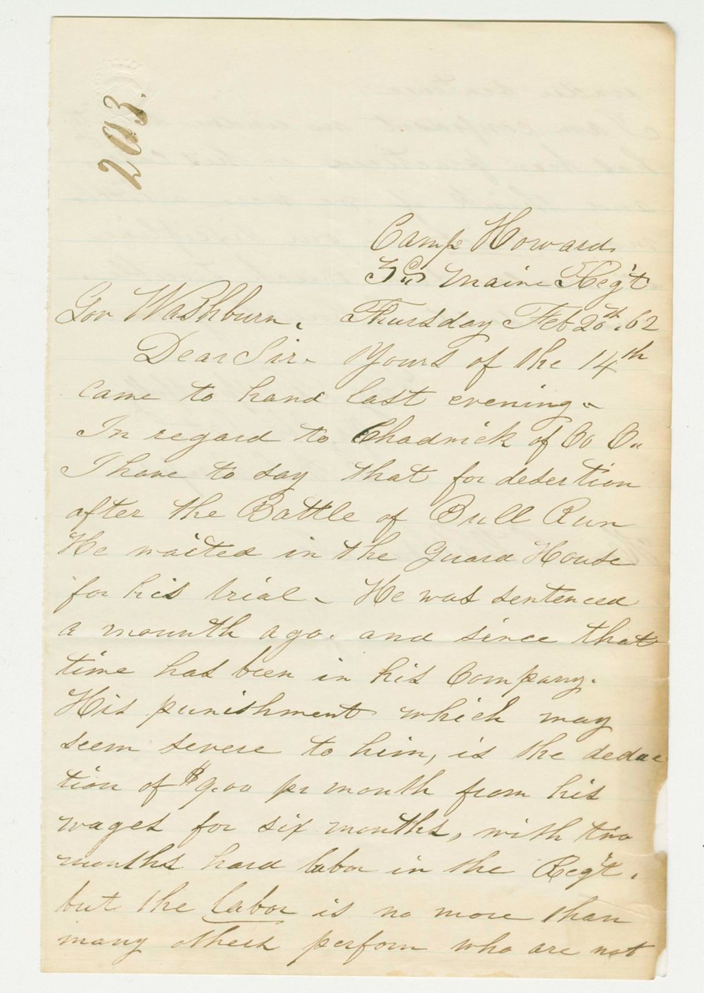 Miniature of Charles Sampson writes Governor Washburn regarding desertion of Mr. Chadwick after Bull Run