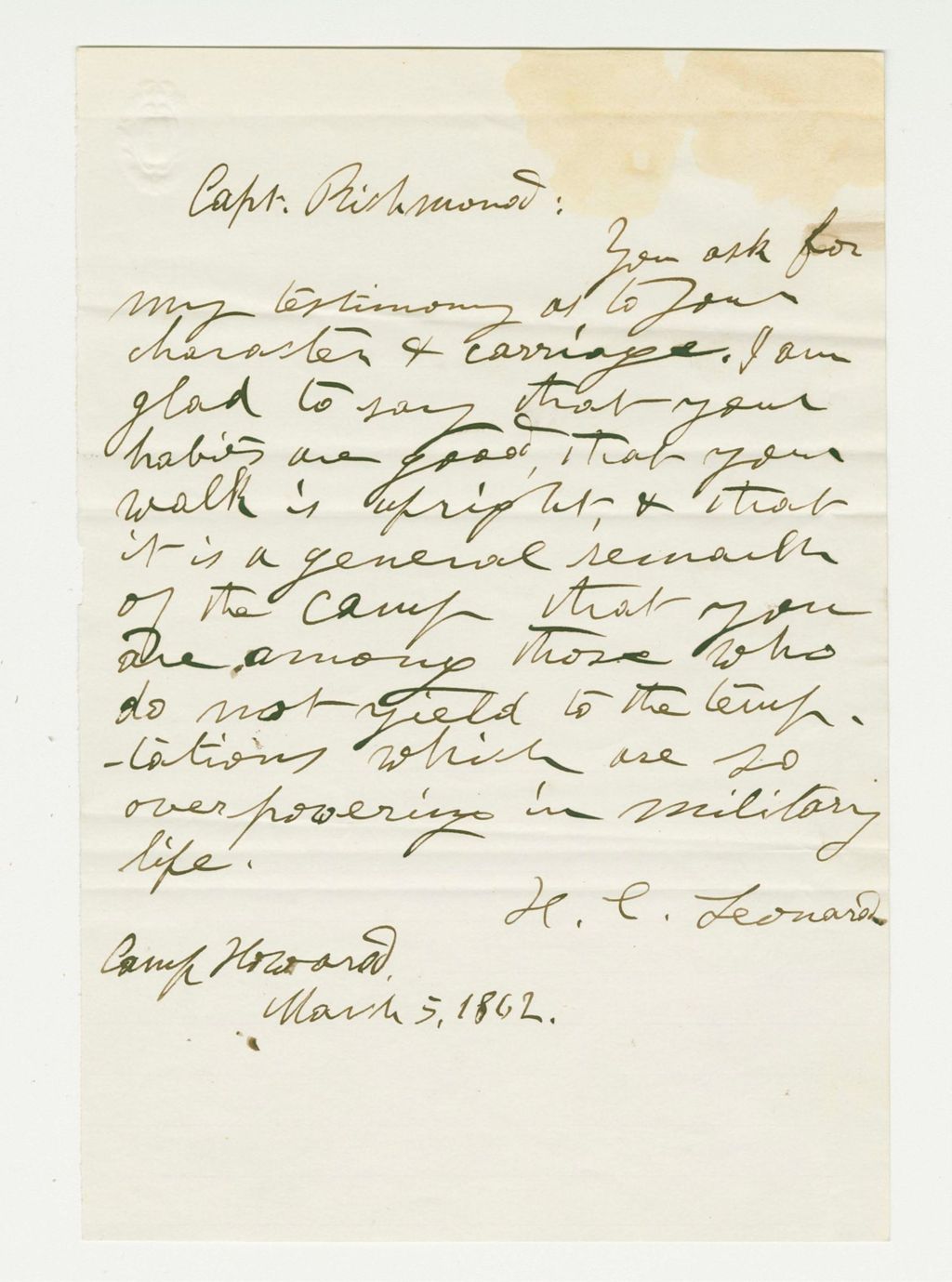 Miniature of Chaplain Leonard recommends Captain Richmond