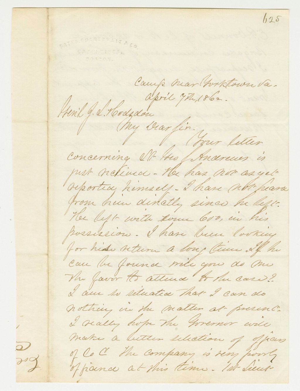 Miniature of Colonel Staples writes General Hodsdon regarding Company C officers