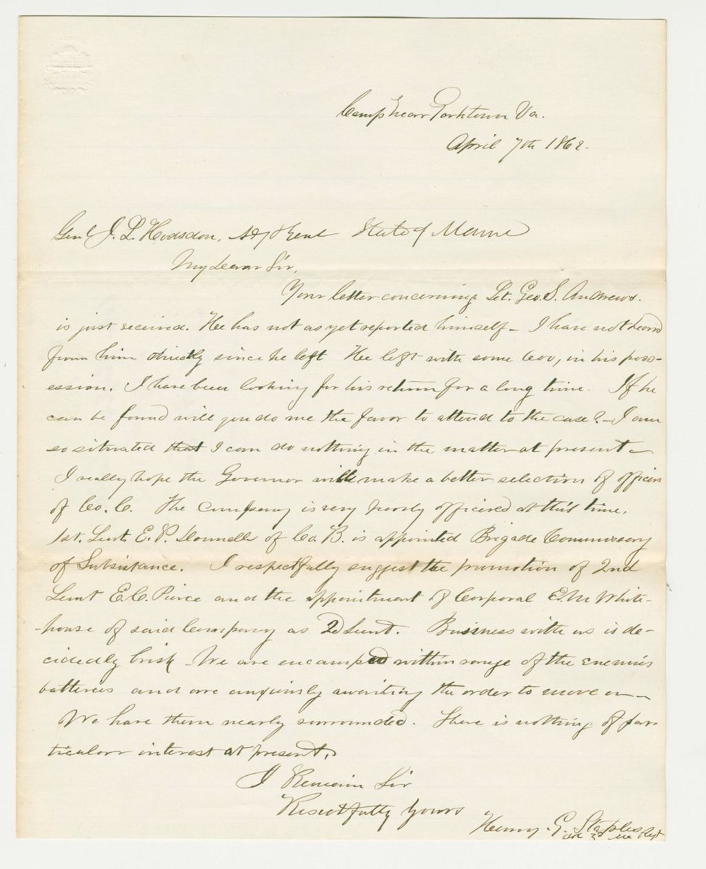 Miniature of Copy of letter from Colonel Staples to General Hodsdon regarding officers