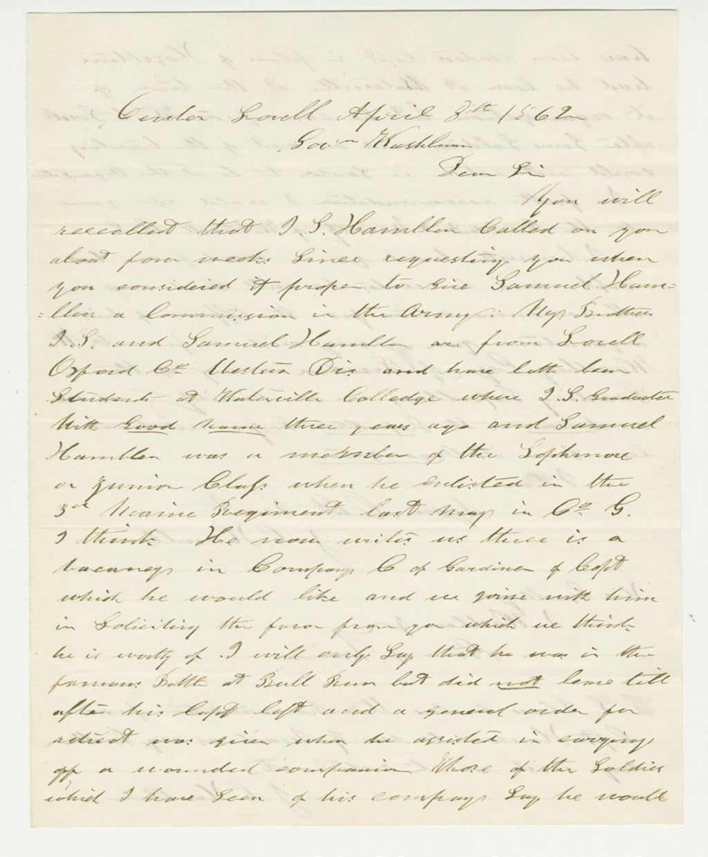Miniature of J. Hamilton writes regarding Samuel Hamilton