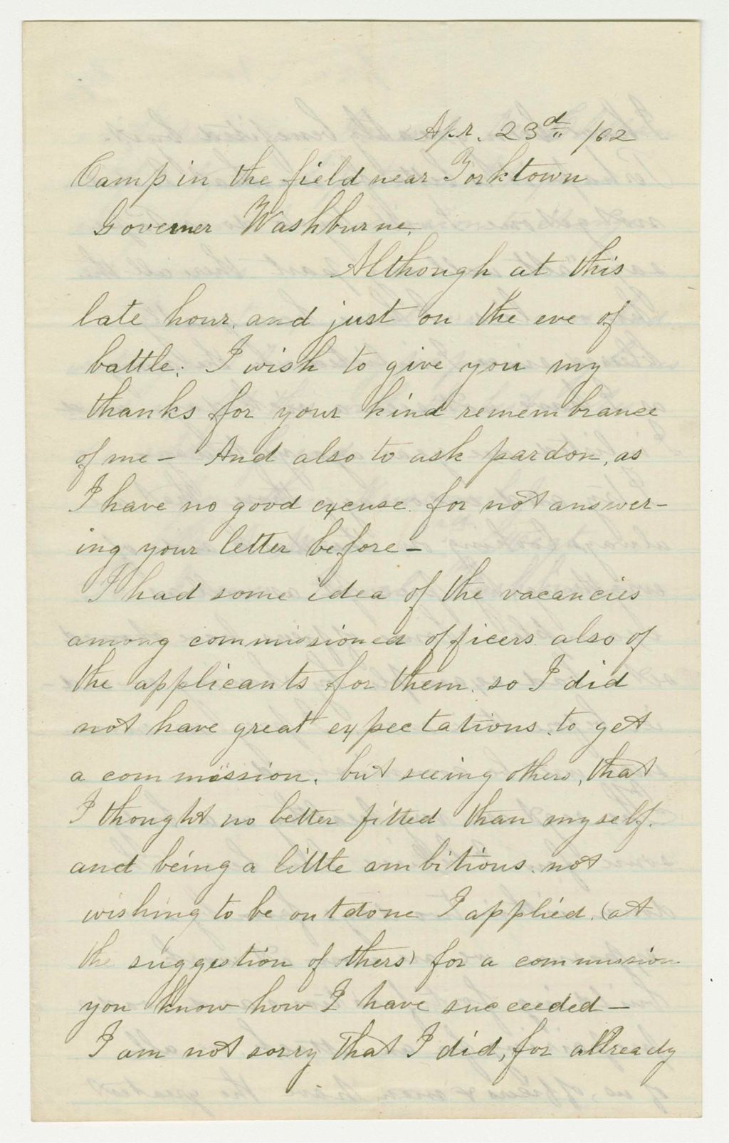 Miniature of Jonathan Newcomb, Jr. of Company A writes Governor Washburn