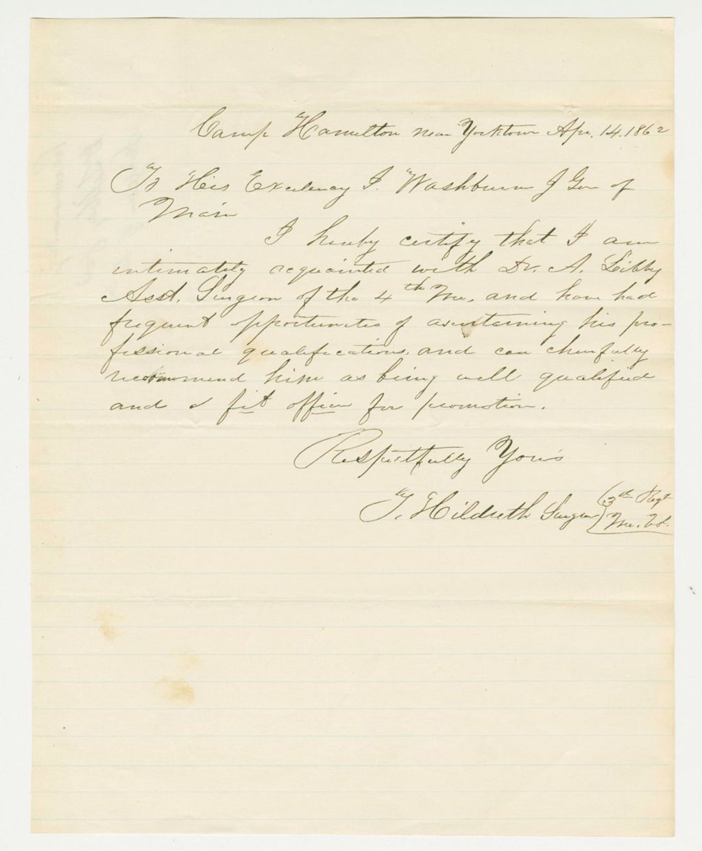 Miniature of Surgeon Hildreth recommends Dr. A. Libby for promotion
