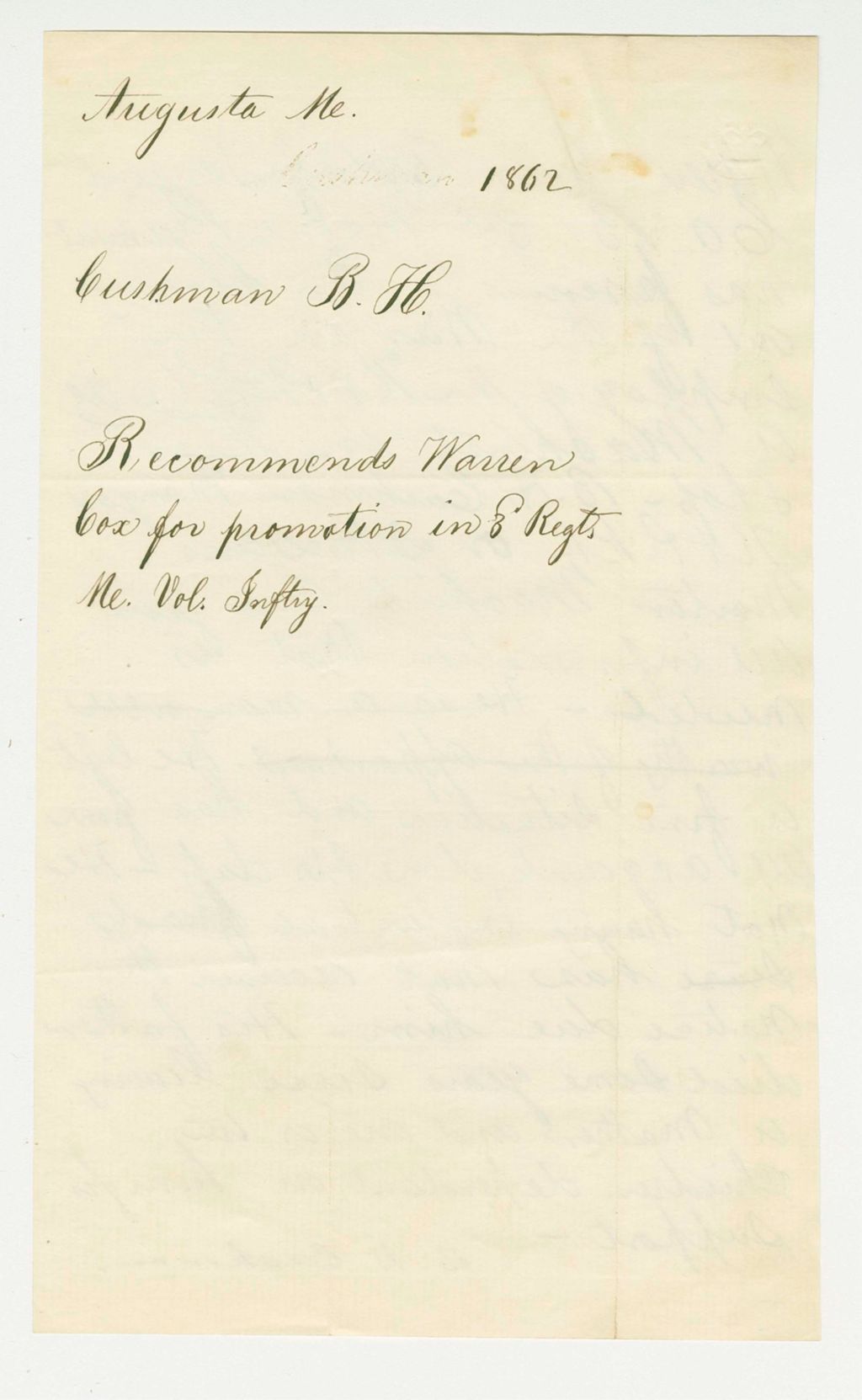 Miniature of 1862 - B.H. Cushman recommends Warren Cox for promotion