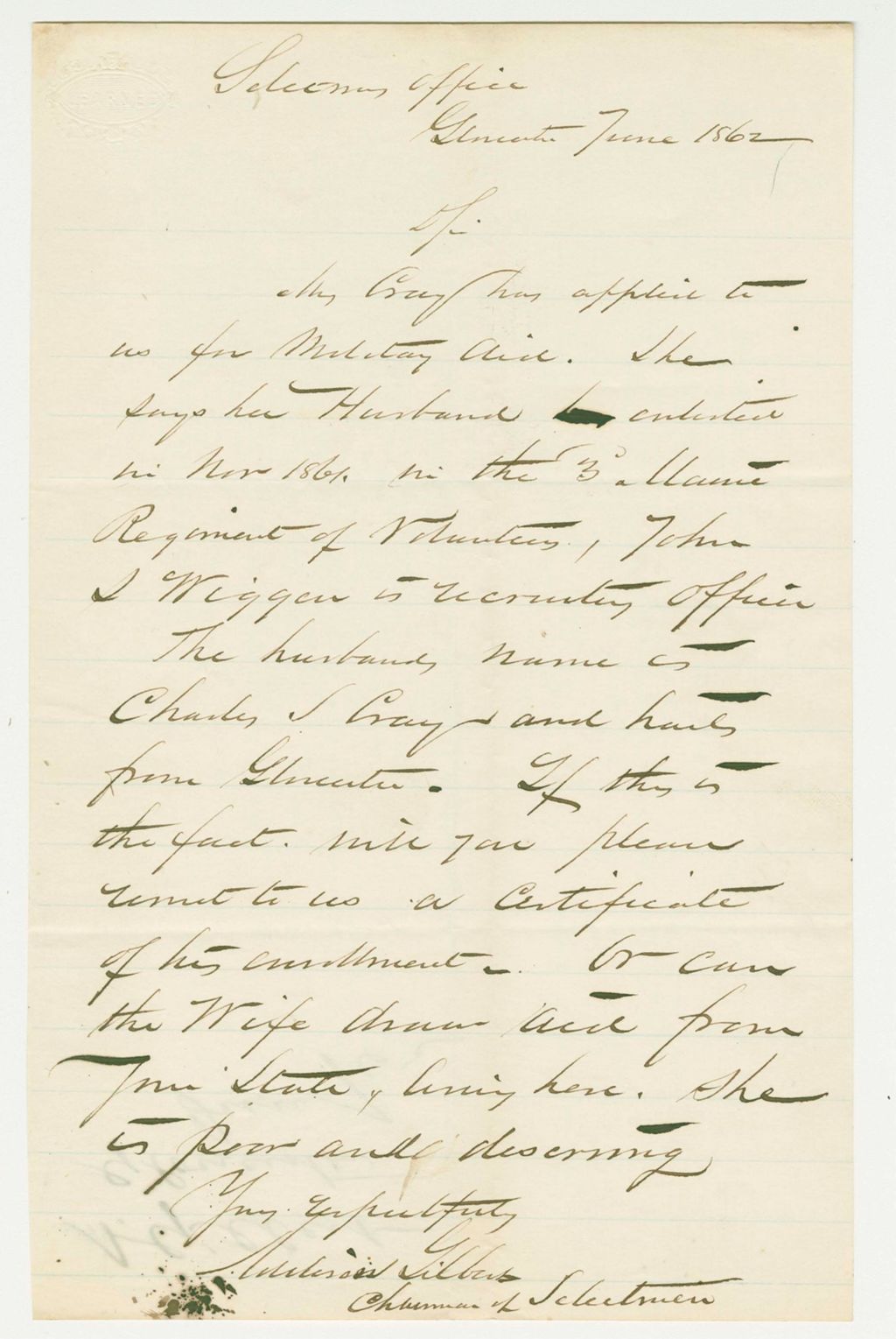 Miniature of Mr. Gilbert writes regarding aid for wife of Charles Gray of Gloucester