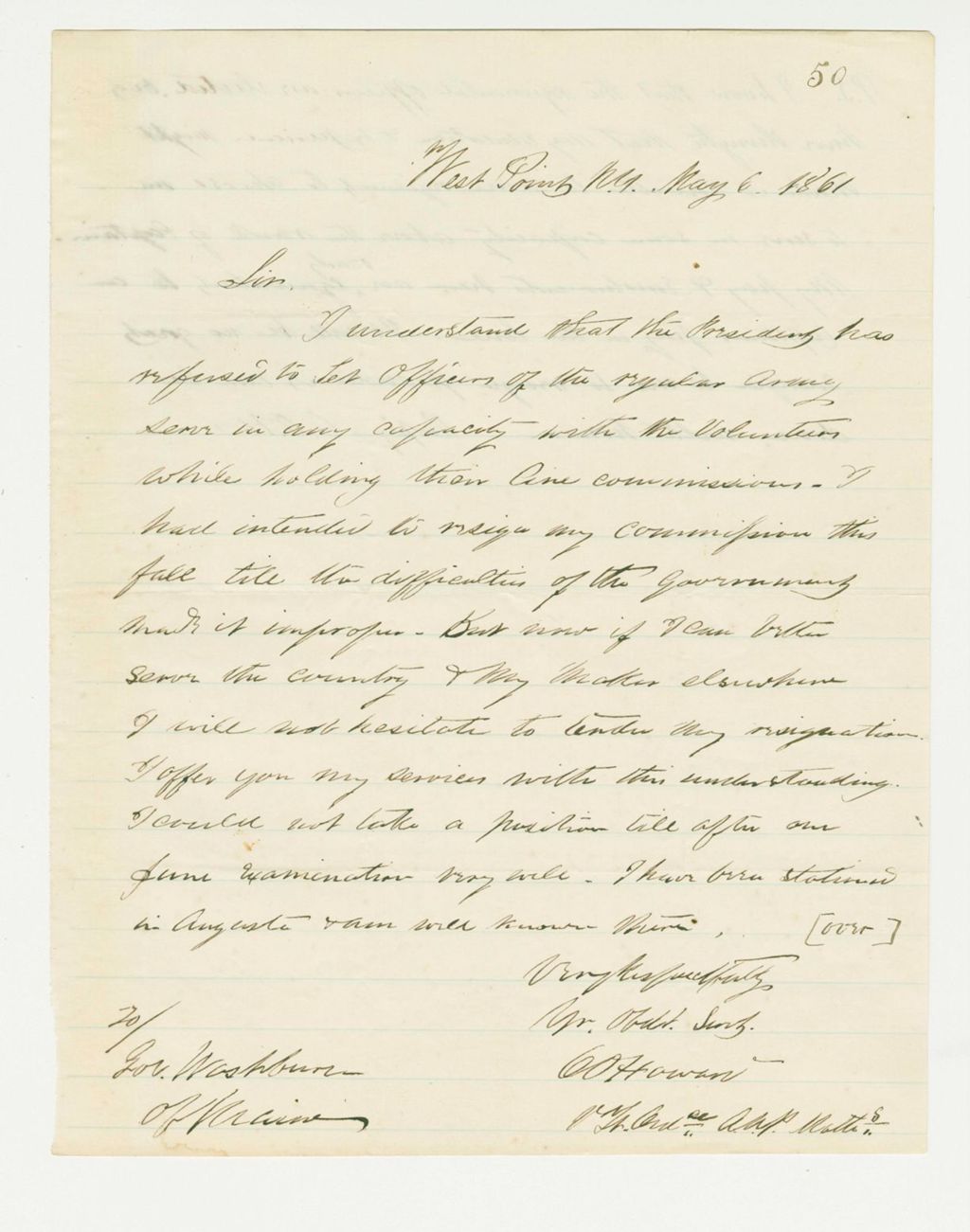 Miniature of Oliver Otis Howard writes Governor Washburn about regarding his role in the Army