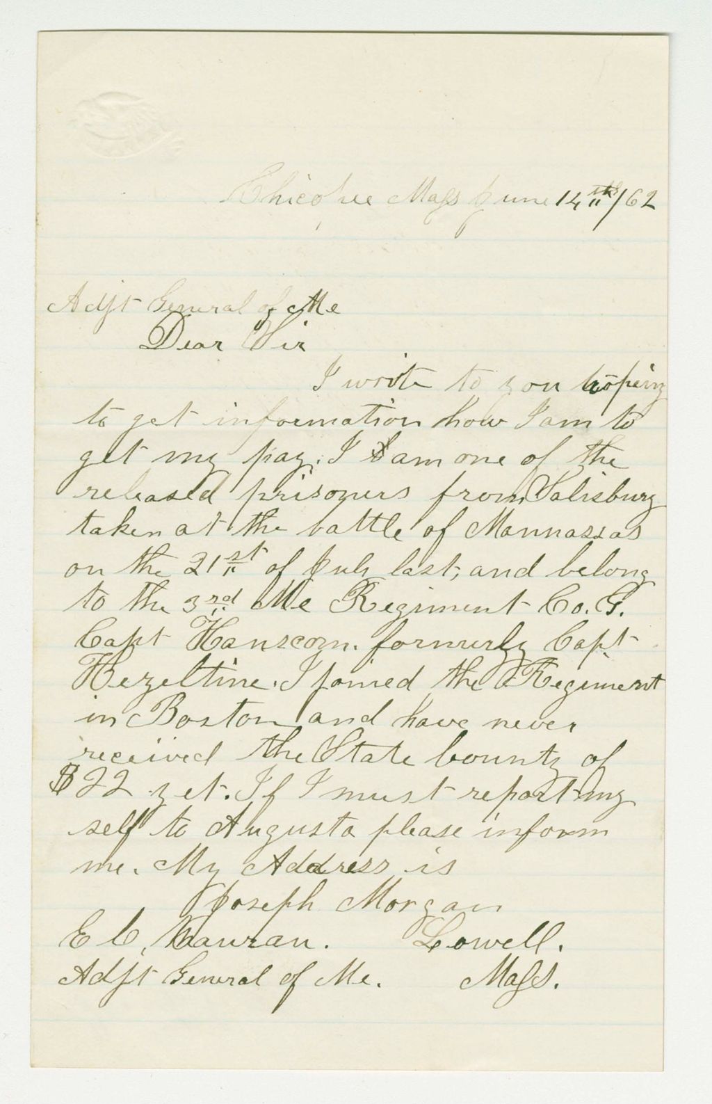Miniature of Captain William L. Richmond requests a position in a new regiment