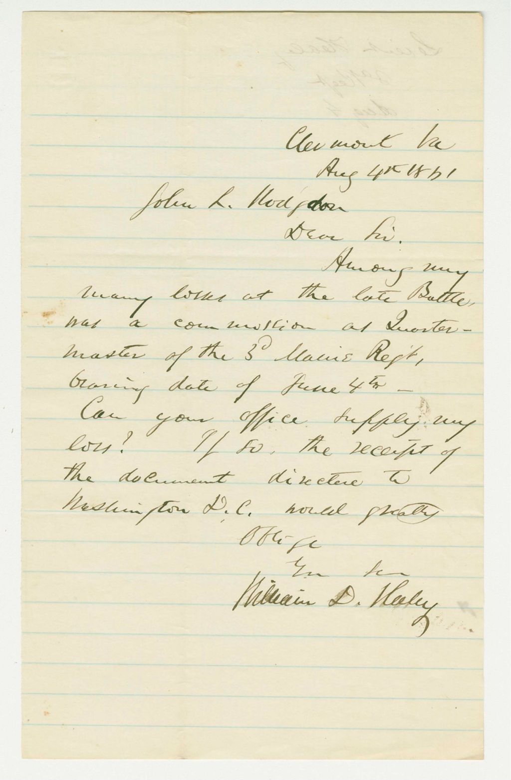 Miniature of Lieutenant William D. Haley requests a copy of his commission