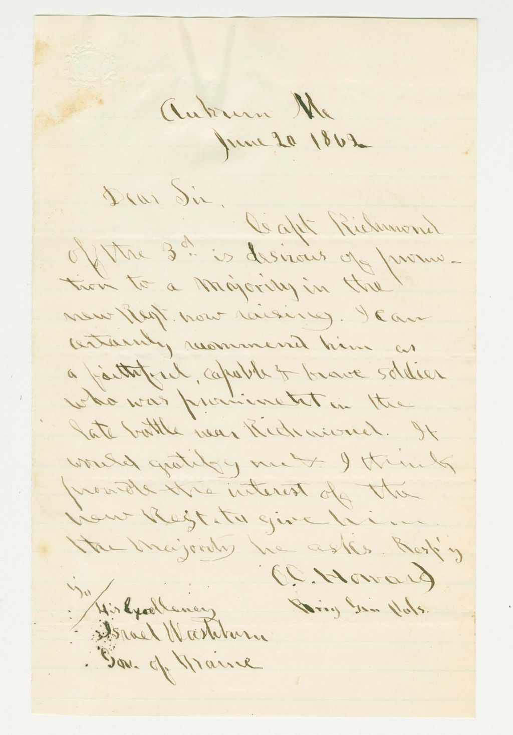 Miniature of Colonel Staples requests vacancy due to Captain Nathaniel Hanscom's death be filled as soon as possible