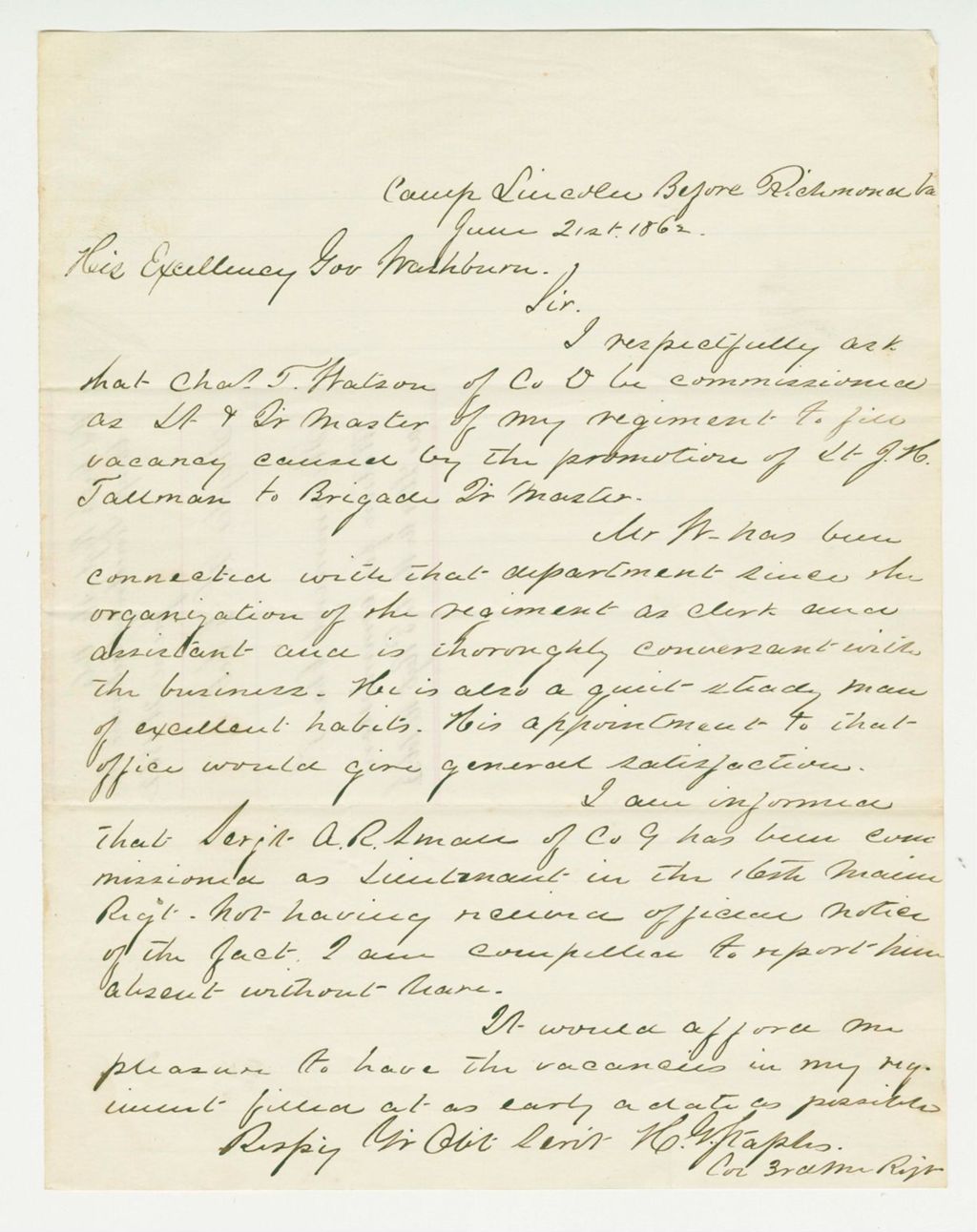 Miniature of Lieutenant Hatch requests promotion of Sergeant Lowe