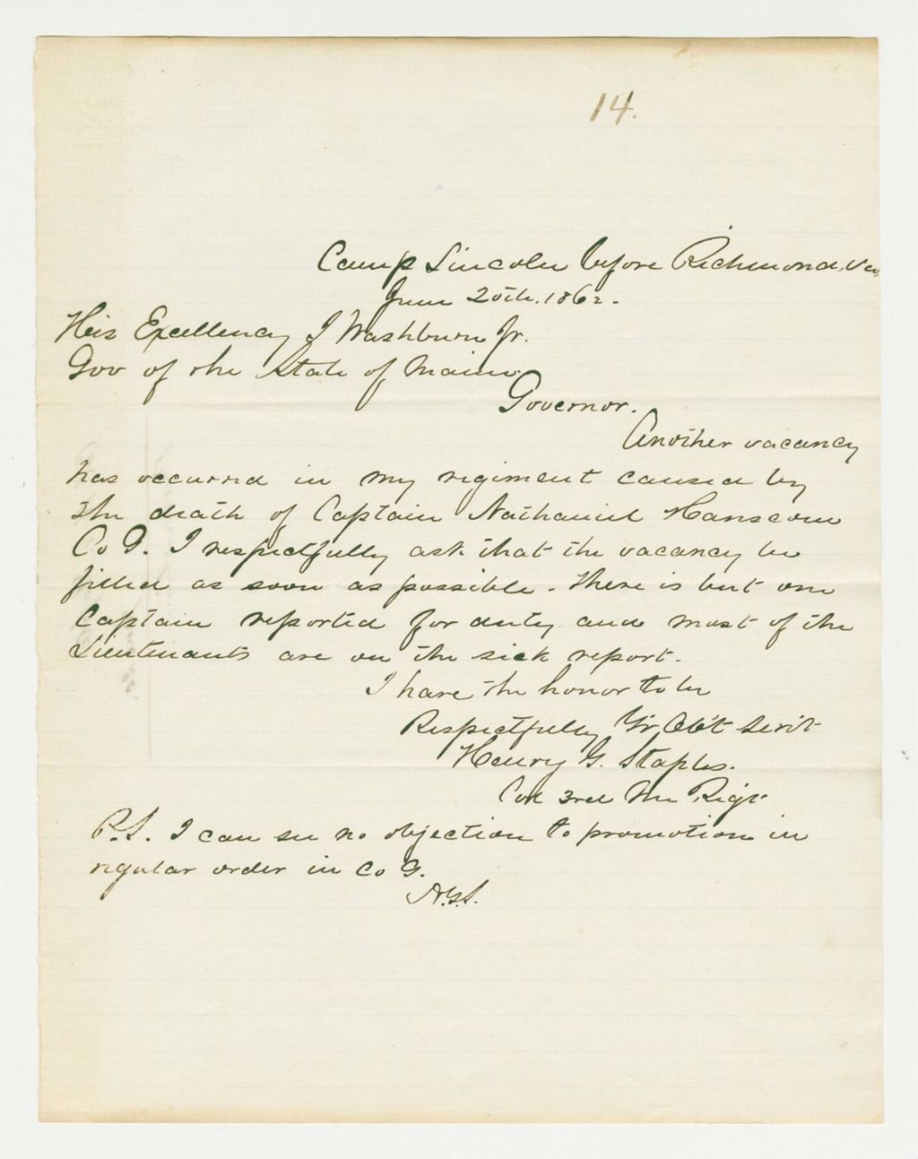 Miniature of Colonel Staples requests a commission for Charles Watson of Company D