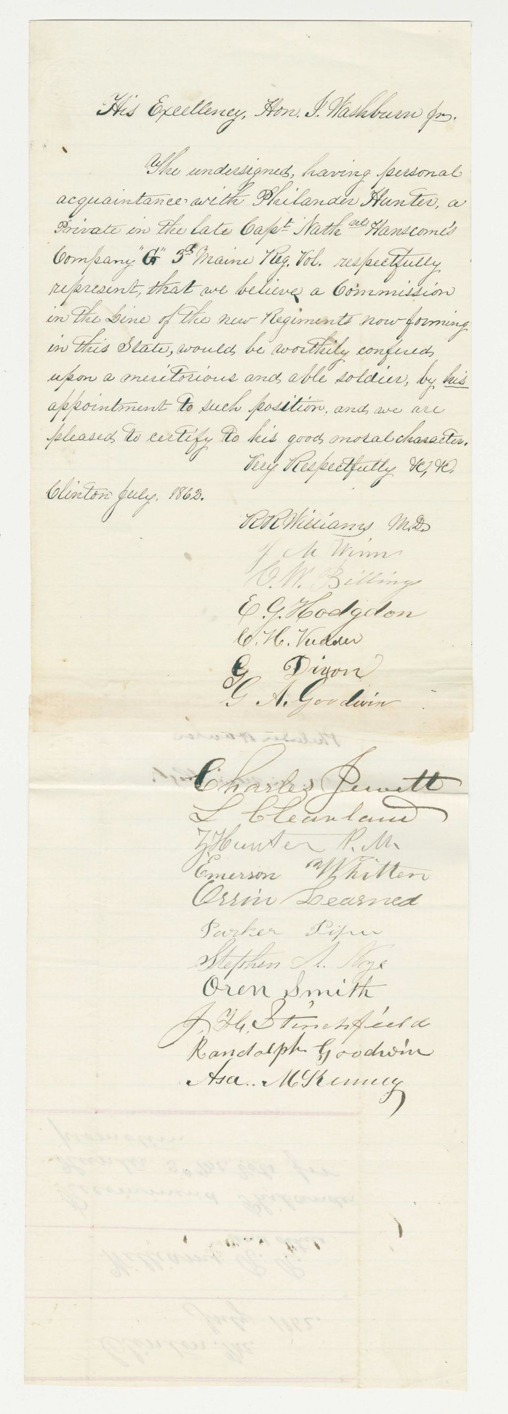Miniature of Dr. R.R. Williams and others recommend Philander Hunter for commission in a new regiment