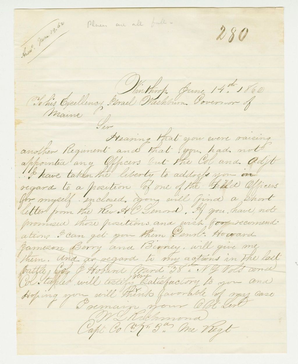Miniature of Brigadier General Oliver Otis Howard recommends Captain Richmond for promotion