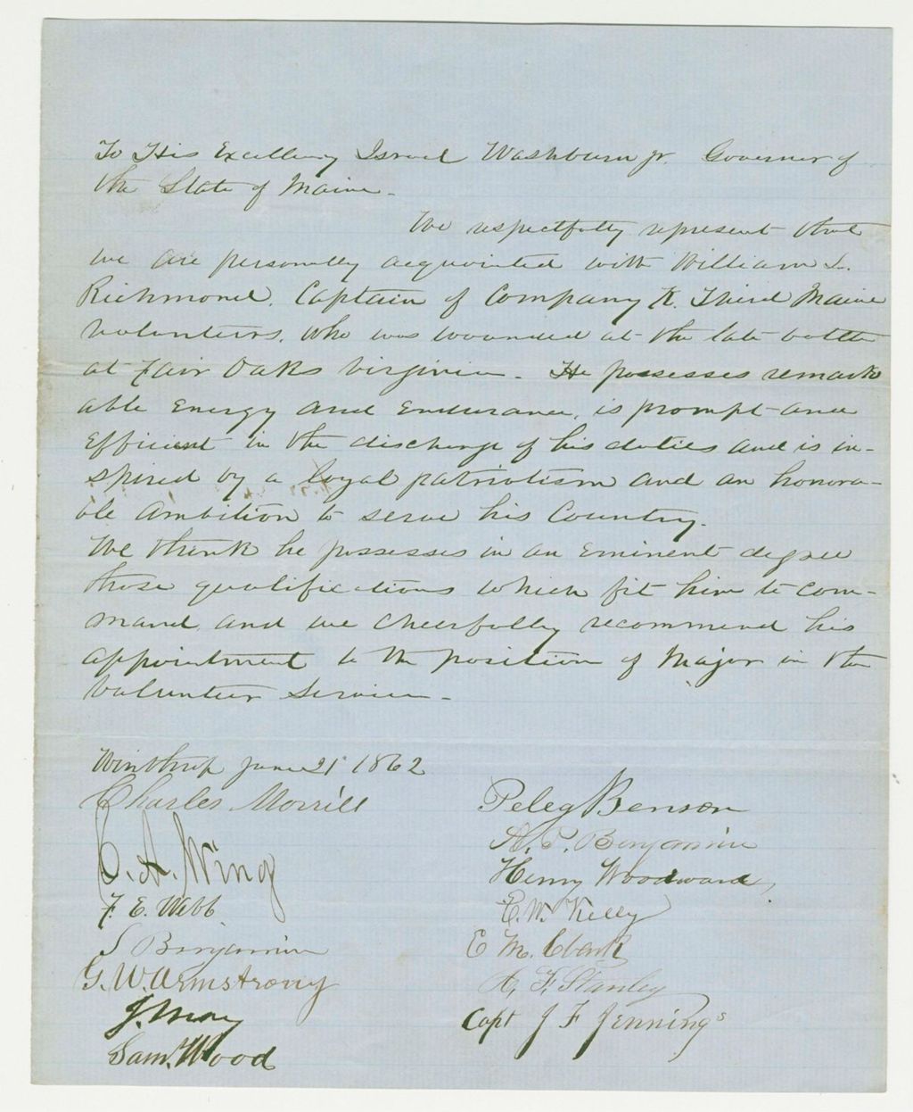 Miniature of J.M. Benjamin recommends Captain Richmond for promotion