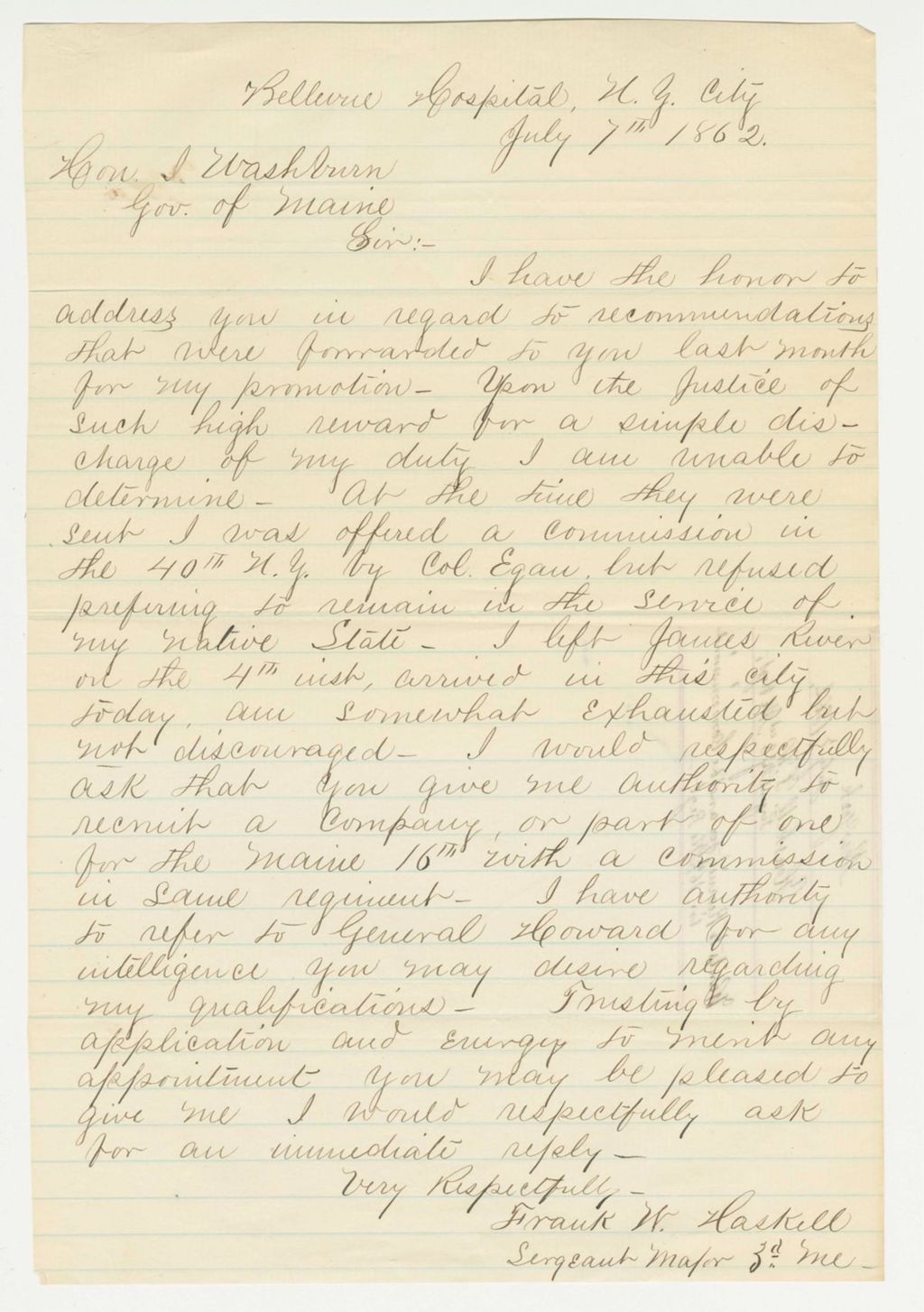Miniature of Sergeant Frank W. Haskell requests authority to recruit men for the 16th Regiment, and for a commission in that regiment