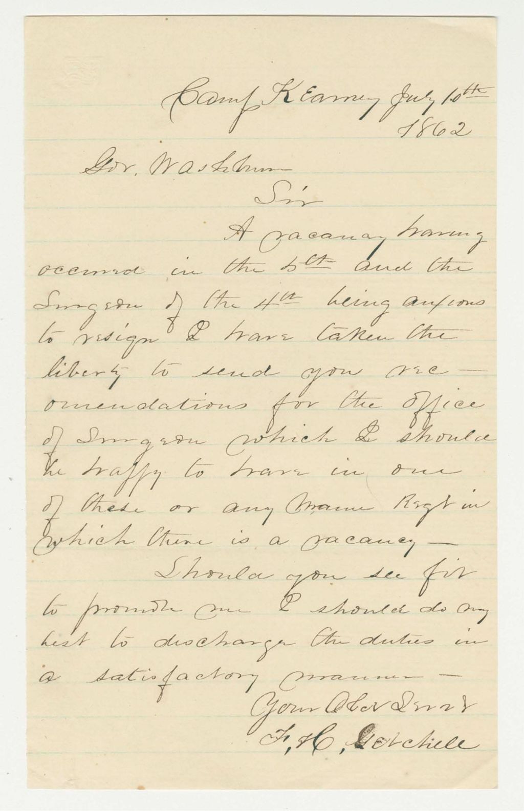 Miniature of Assistant Surgeon Frank Getchell writes regarding vacant surgeon's position