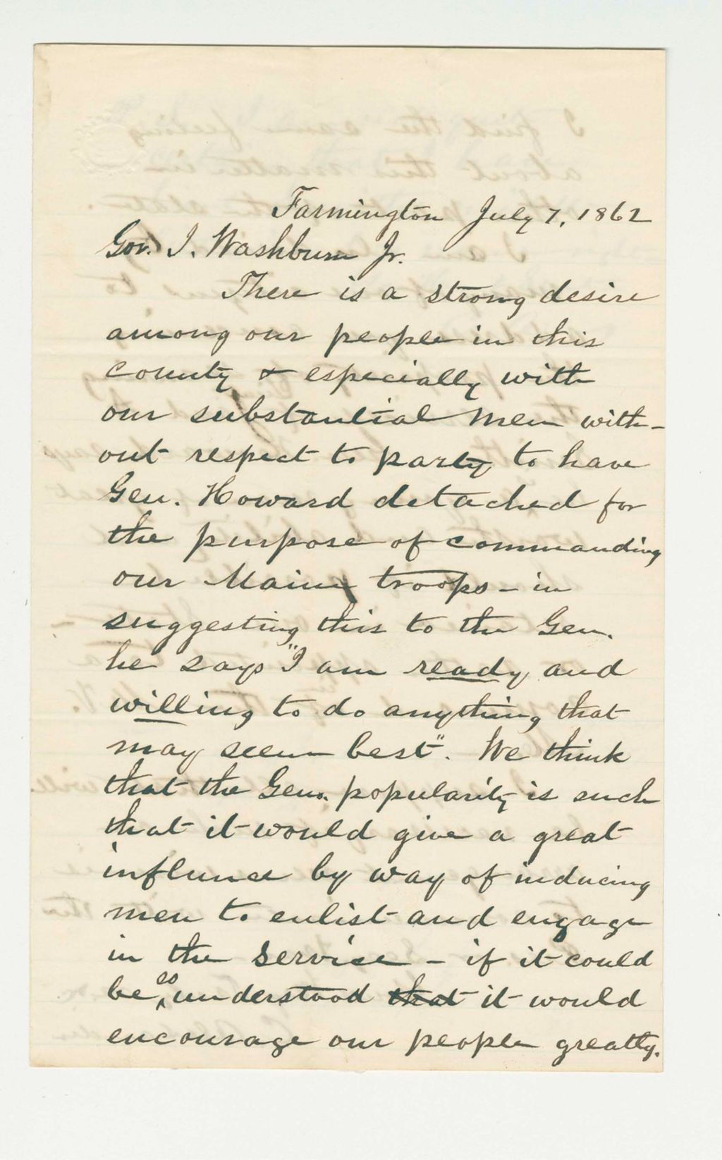 Miniature of C. Alexander wishes to have General Oliver O. Howard detached to command the Maine troops
