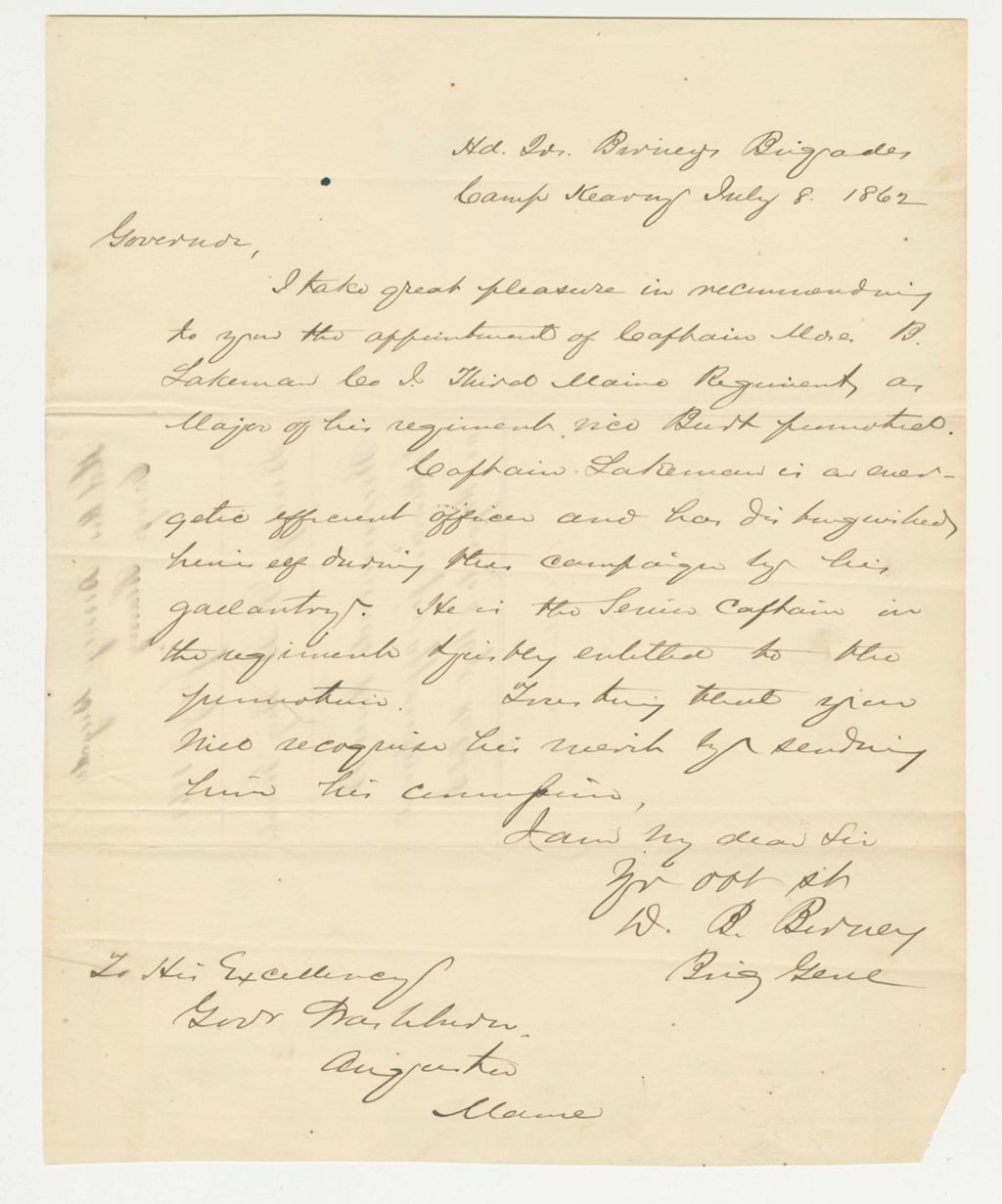 Miniature of Brigadier General David B. Birney recommends appointment of Moses B. Lakeman as Major