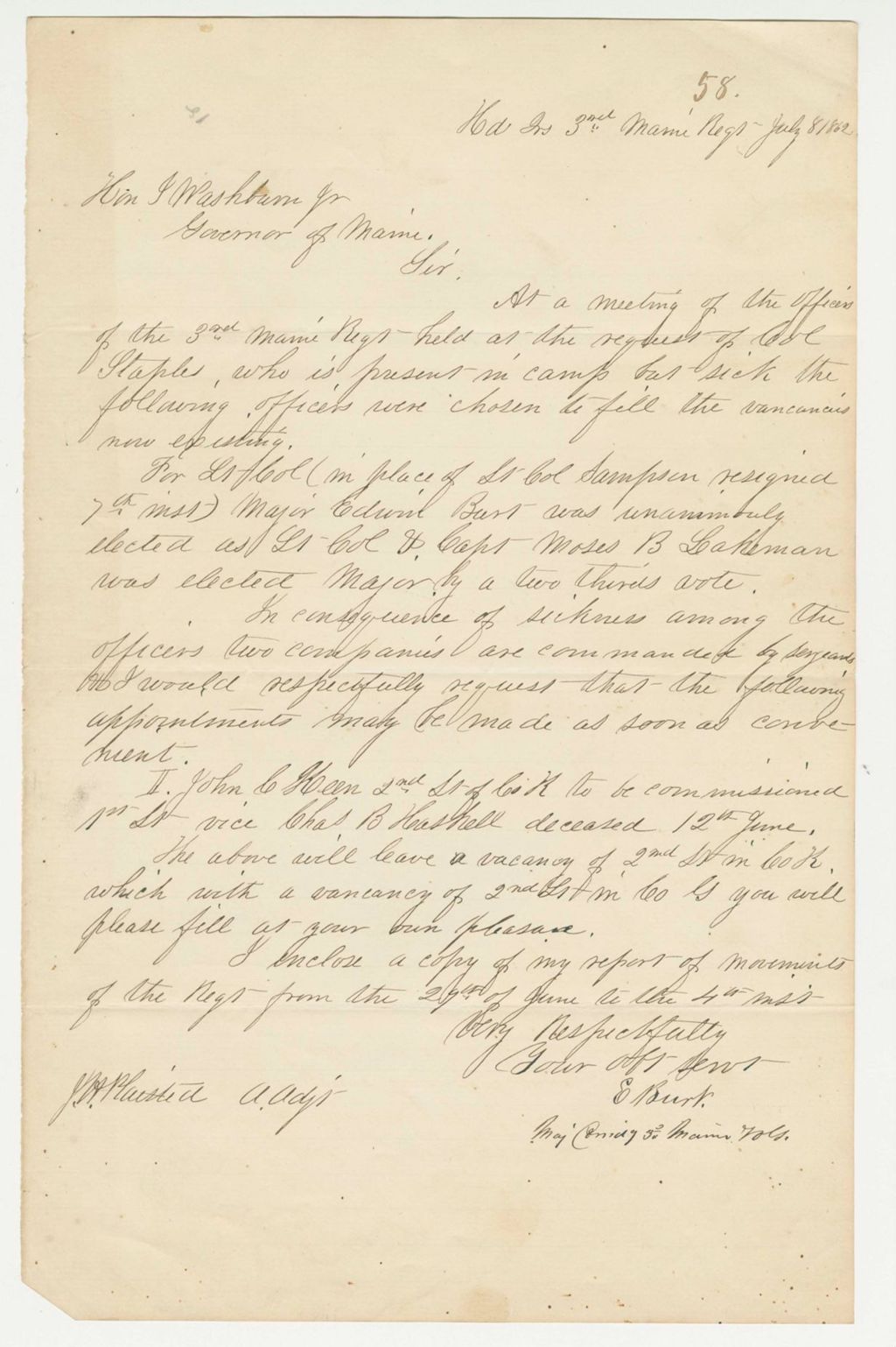 Miniature of Major Burt reports on officers chosen to fill vacancies