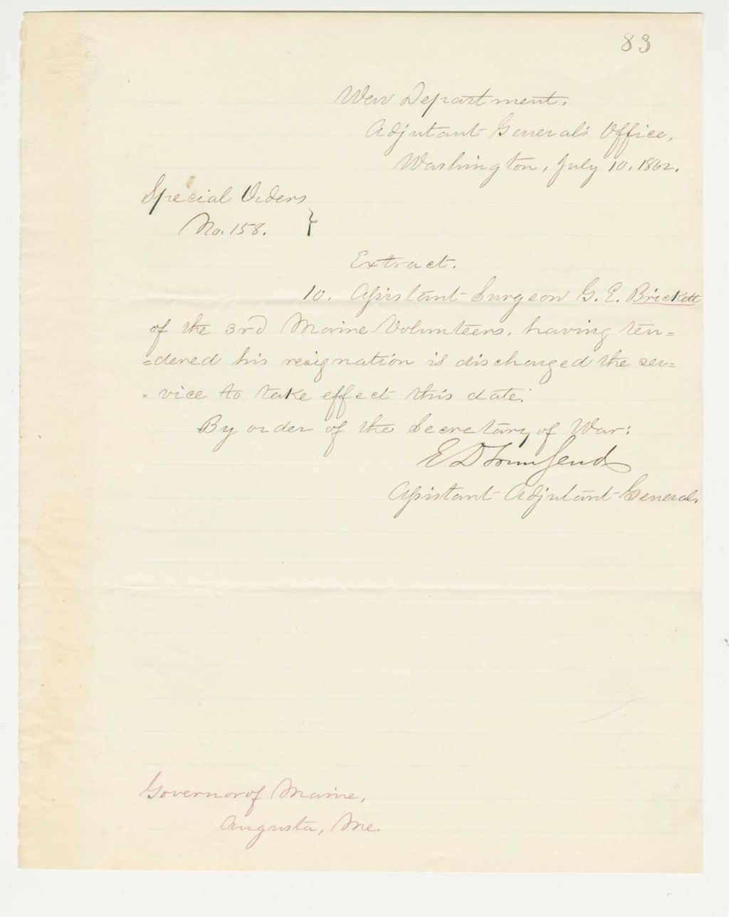 Miniature of Special Order 158 discharging Assistant Surgeon G.E. Brickett from service