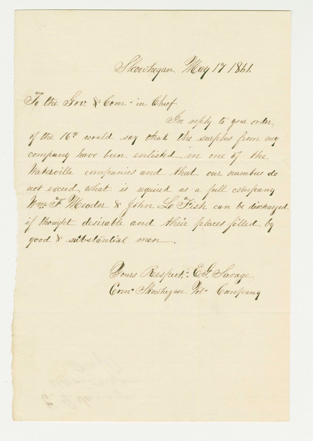Miniature of E.G. Savage reports on the surplus men of his company