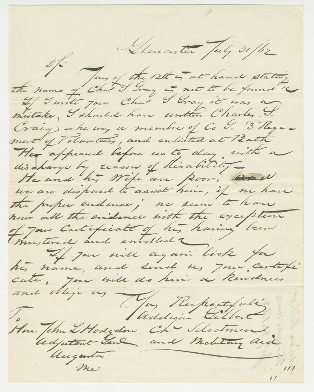Miniature of Addison Gilbert inquires about Charles Gray, aka Charles Craig