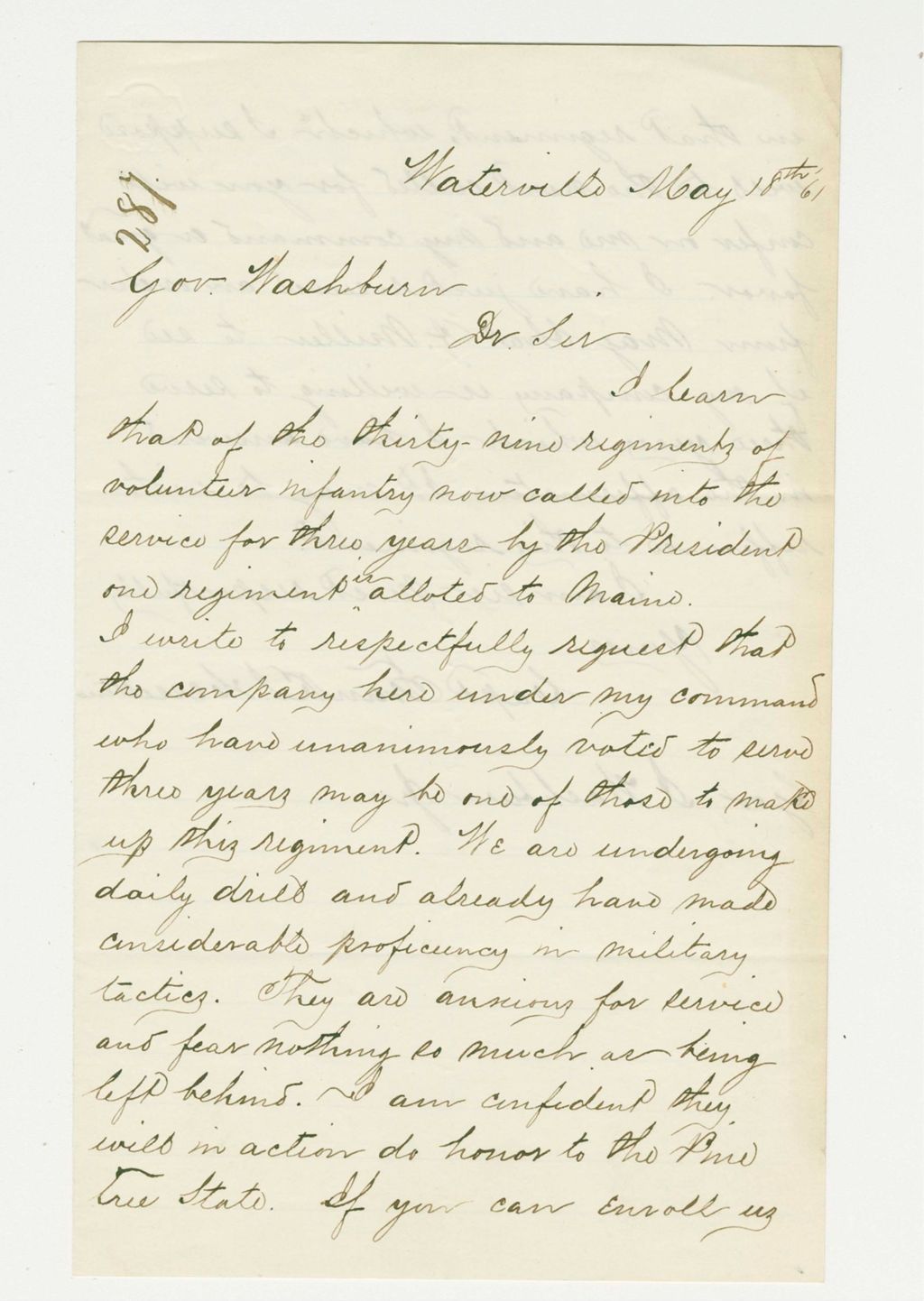 Miniature of Captain Frank S. Haseltine informs Governor Washburn his company is ready for service