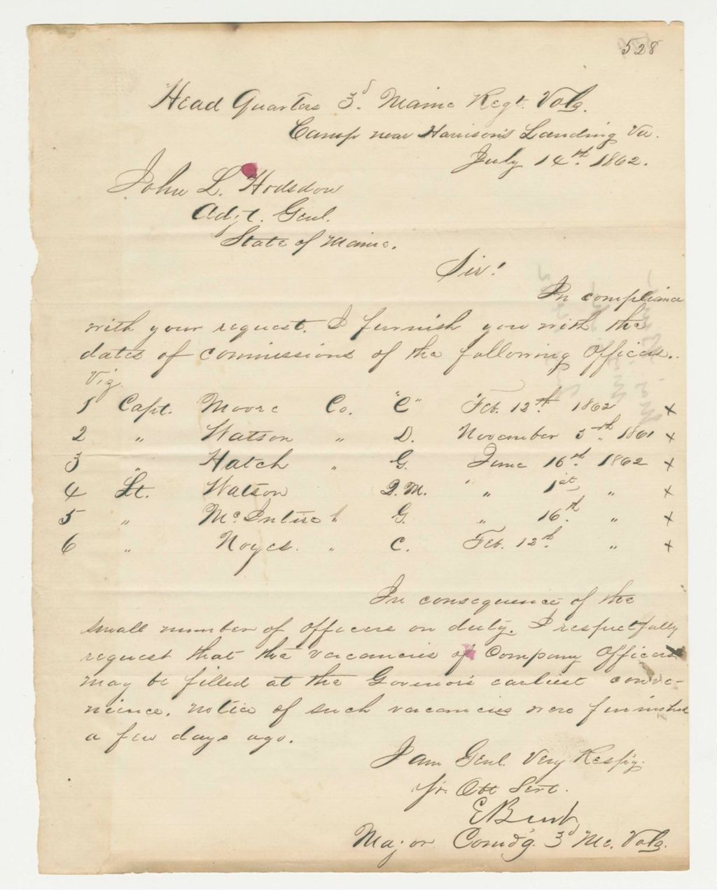 Miniature of Major Burt forwards a list of commissions to General Hodsdon