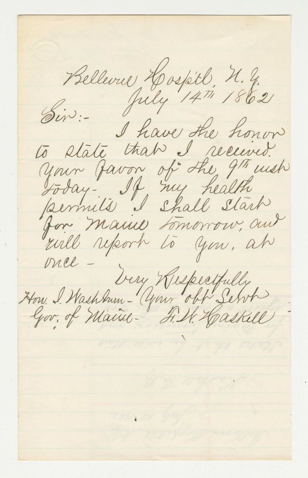 Miniature of Frank Haskell notifies Governor Washburn that he will travel to Maine and report to him at once