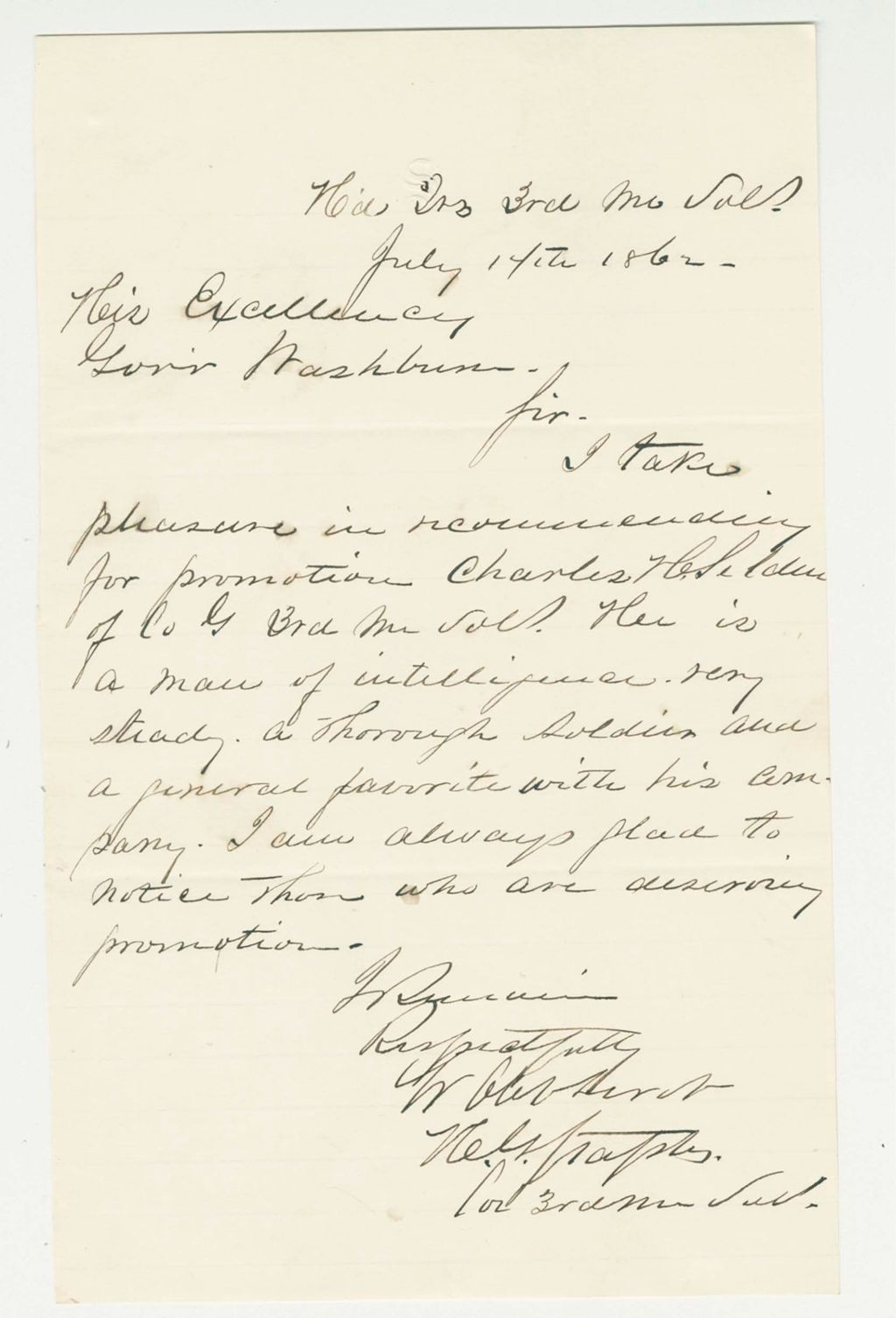 Miniature of Colonel Staples recommends Charles H. Selden for promotion