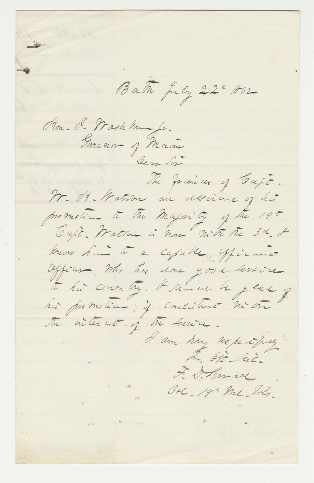 Miniature of Colonel Sewall recommends Captain W.H. Watson for promotion and assignment to the 19th Maine Infantry