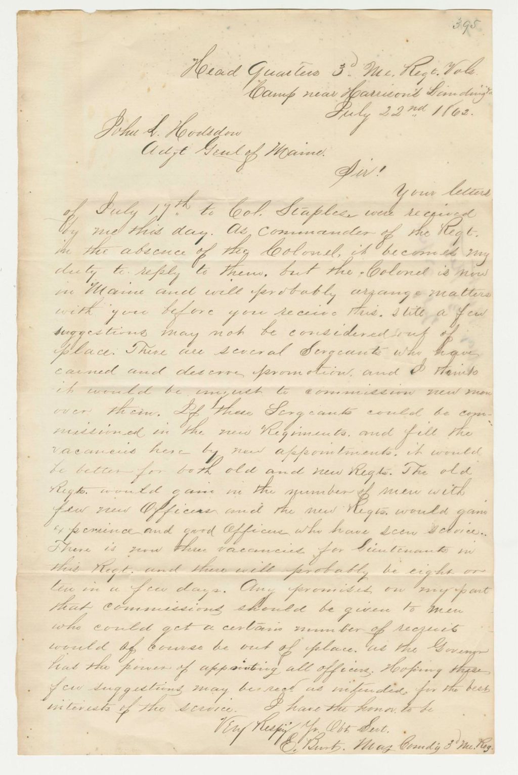 Miniature of Major Burt writes Adjutant General Hodsdon regarding commissions