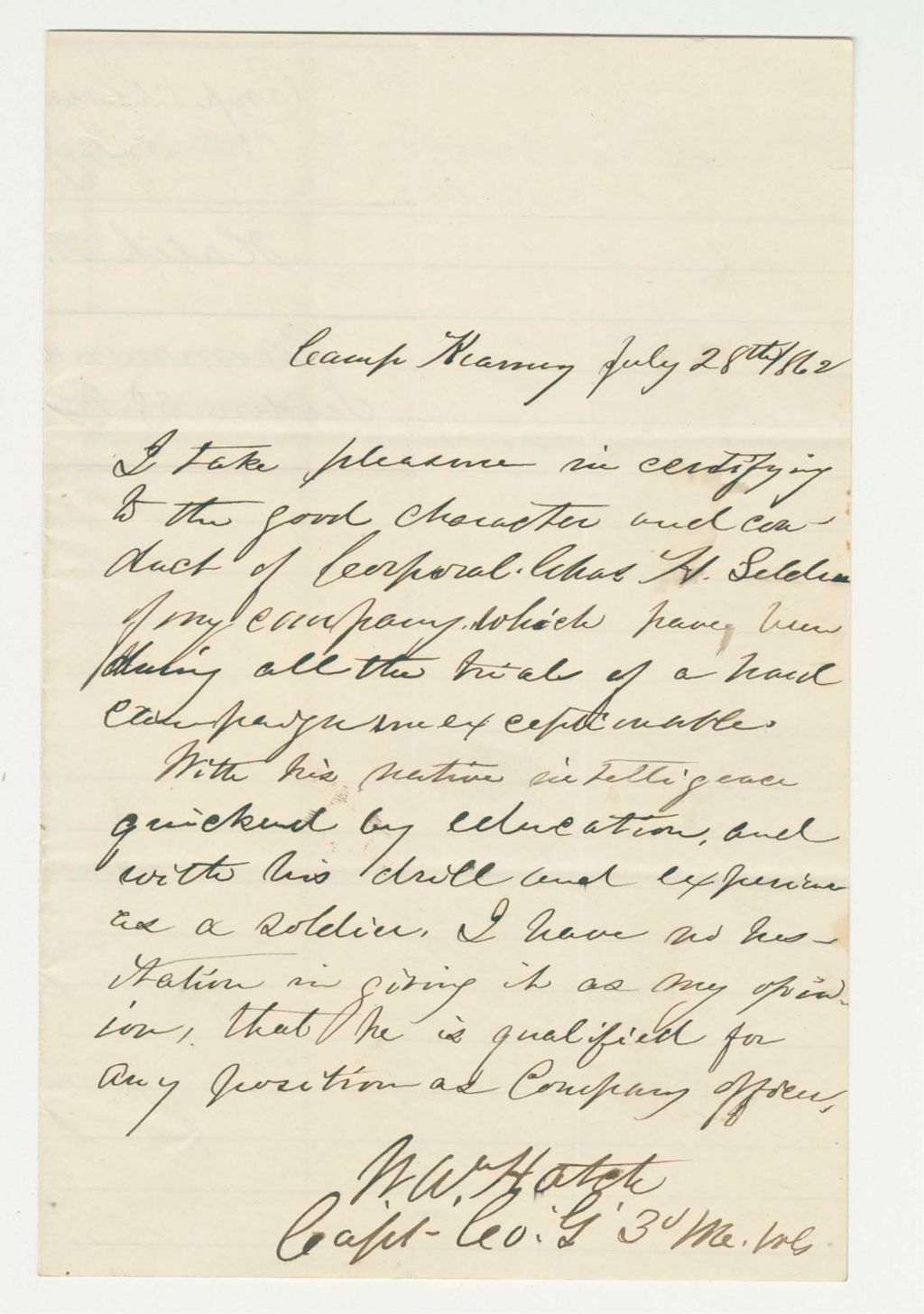 Miniature of Captain Hatch recommends Corporal Charles H. Selden for promotion